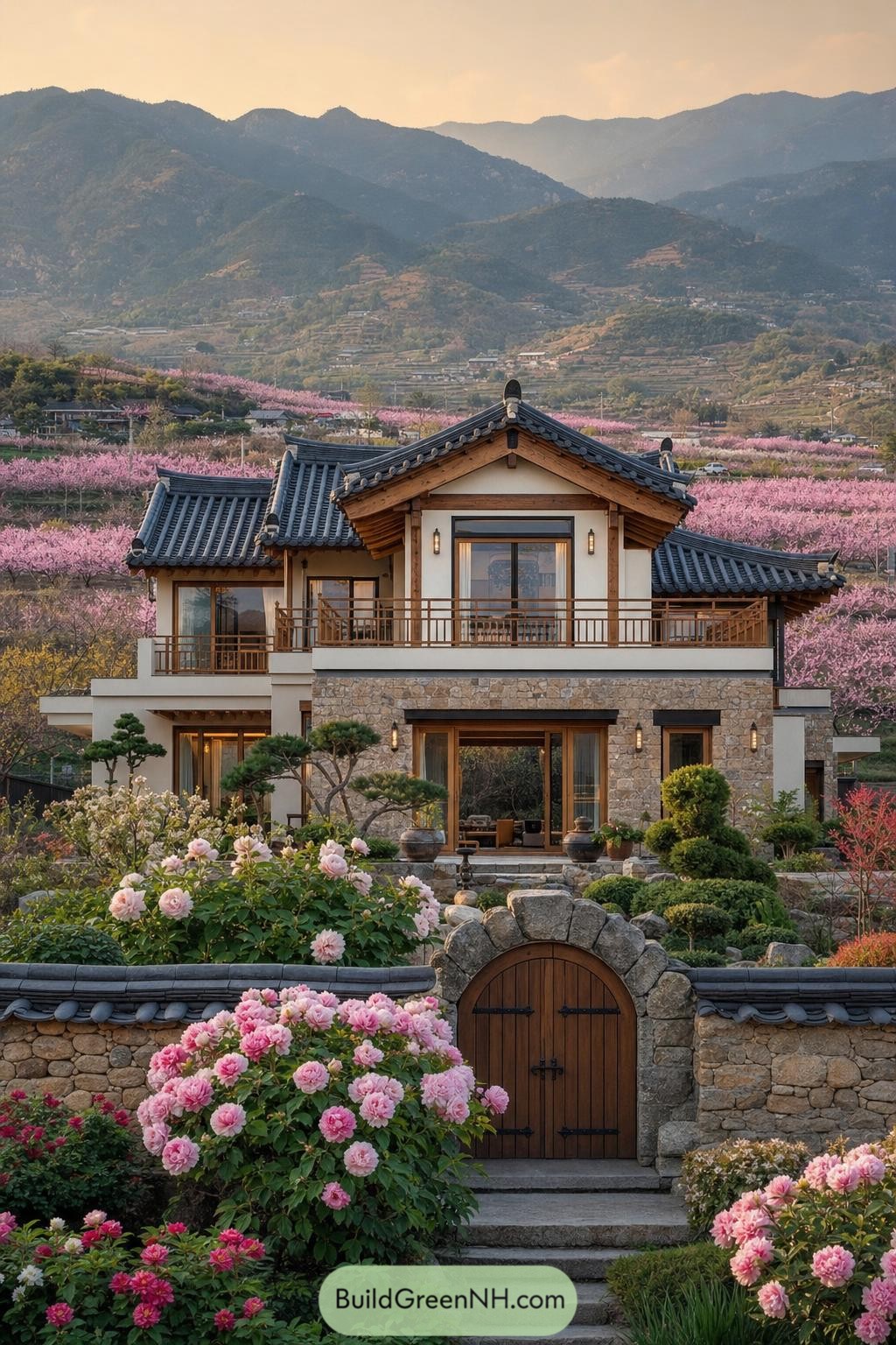 Modern hanok home with tiled roofs and a flower garden