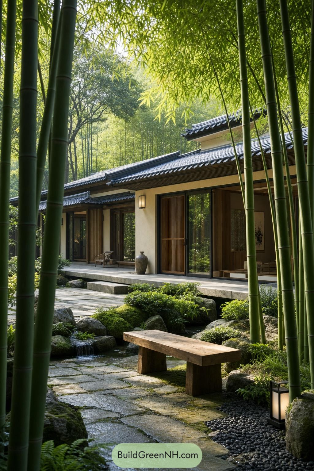 Modern hanok nestled beside a bamboo garden and stream