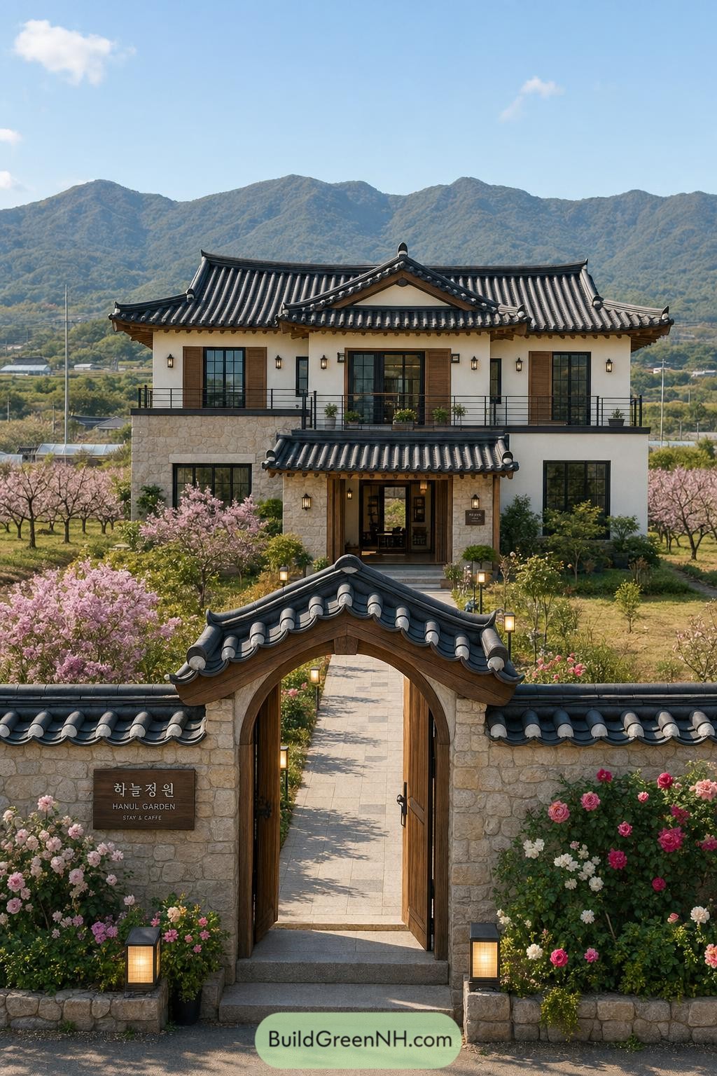 Two-story hanok-inspired home behind a tiled garden gate
