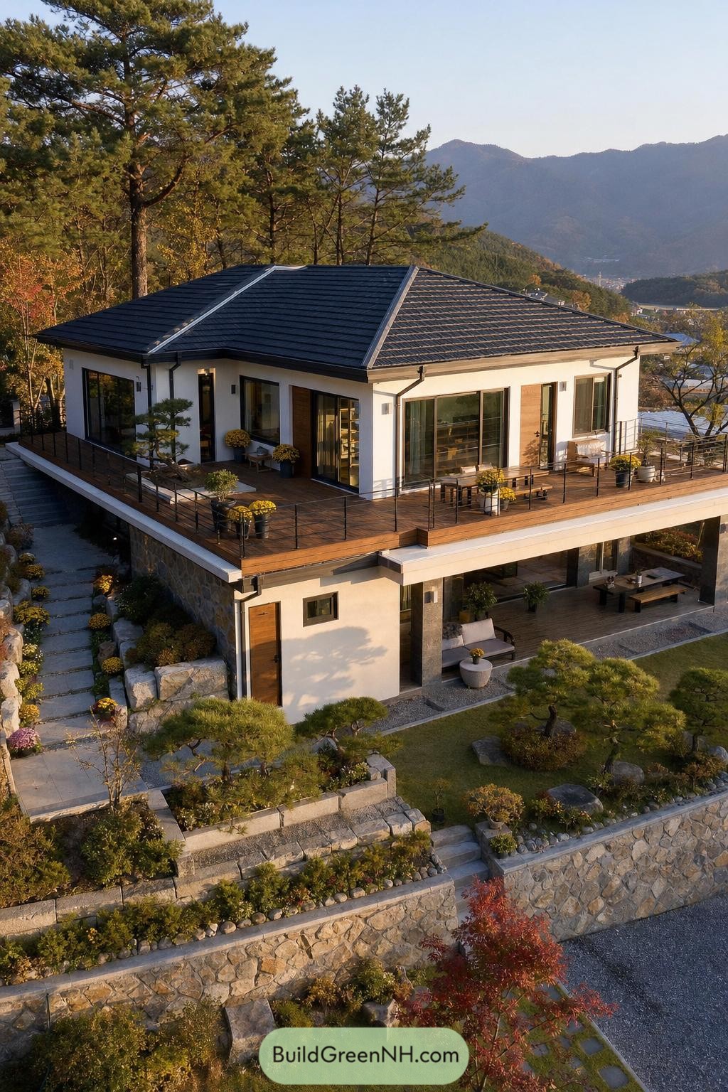 Modern Korean hillside home with wraparound terrace