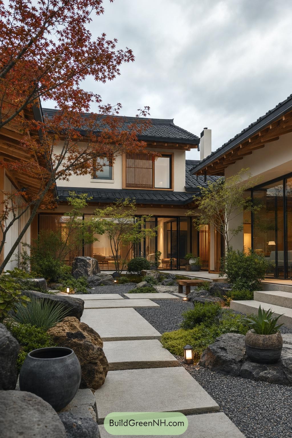 Modern hanok courtyard with autumn maple and stone path