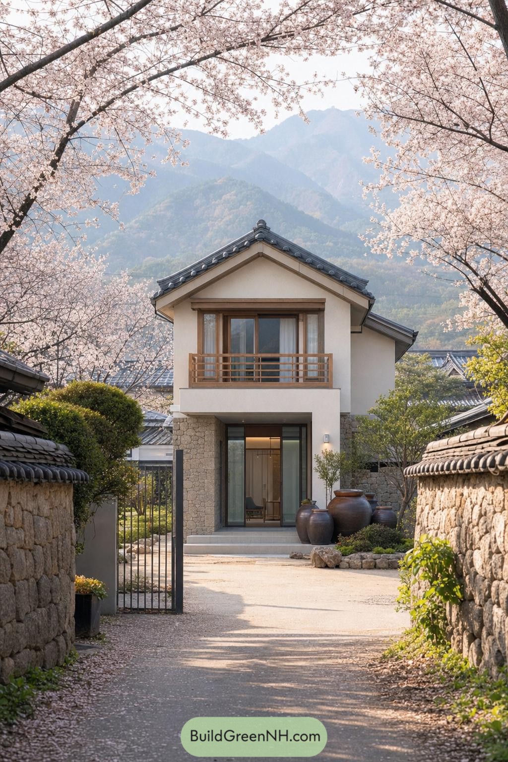 Modern Korean house with tiled roof and stone walls beneath cherry blossoms