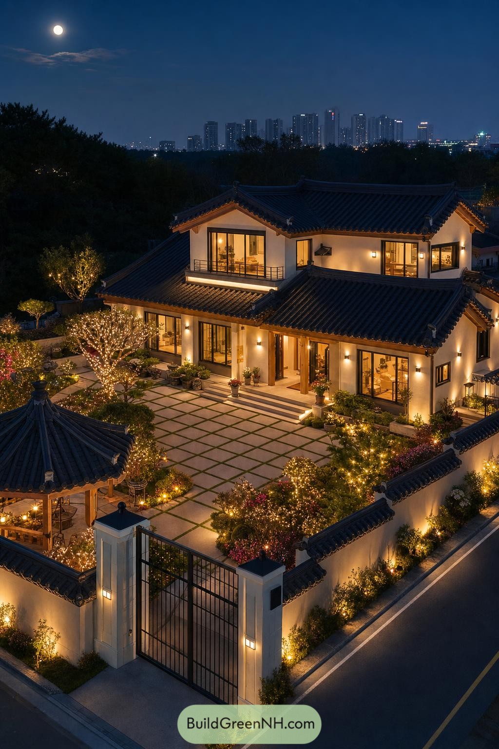 Illuminated modern hanok with a walled courtyard at night