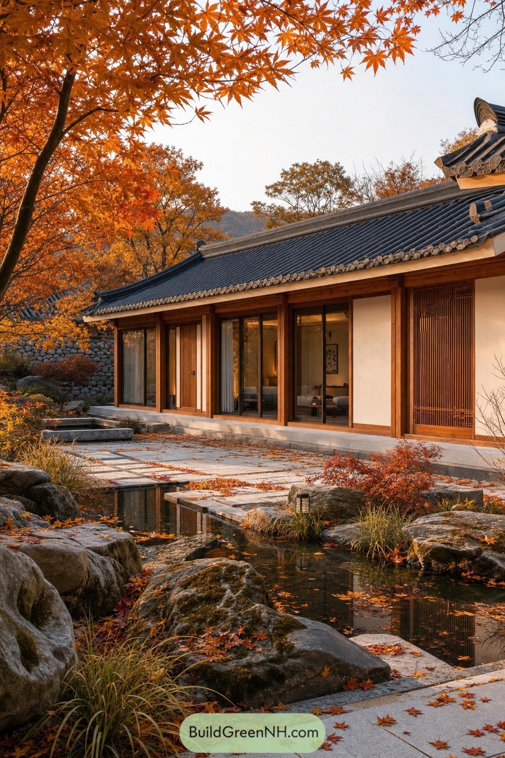 Modern hanok beside a stone reflecting pool under autumn maples