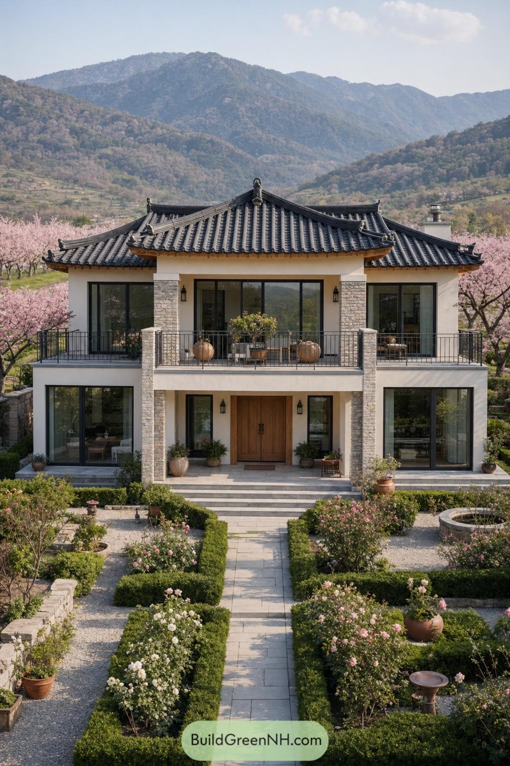 Two-story hanok-inspired home with a formal rose garden and mountain backdrop