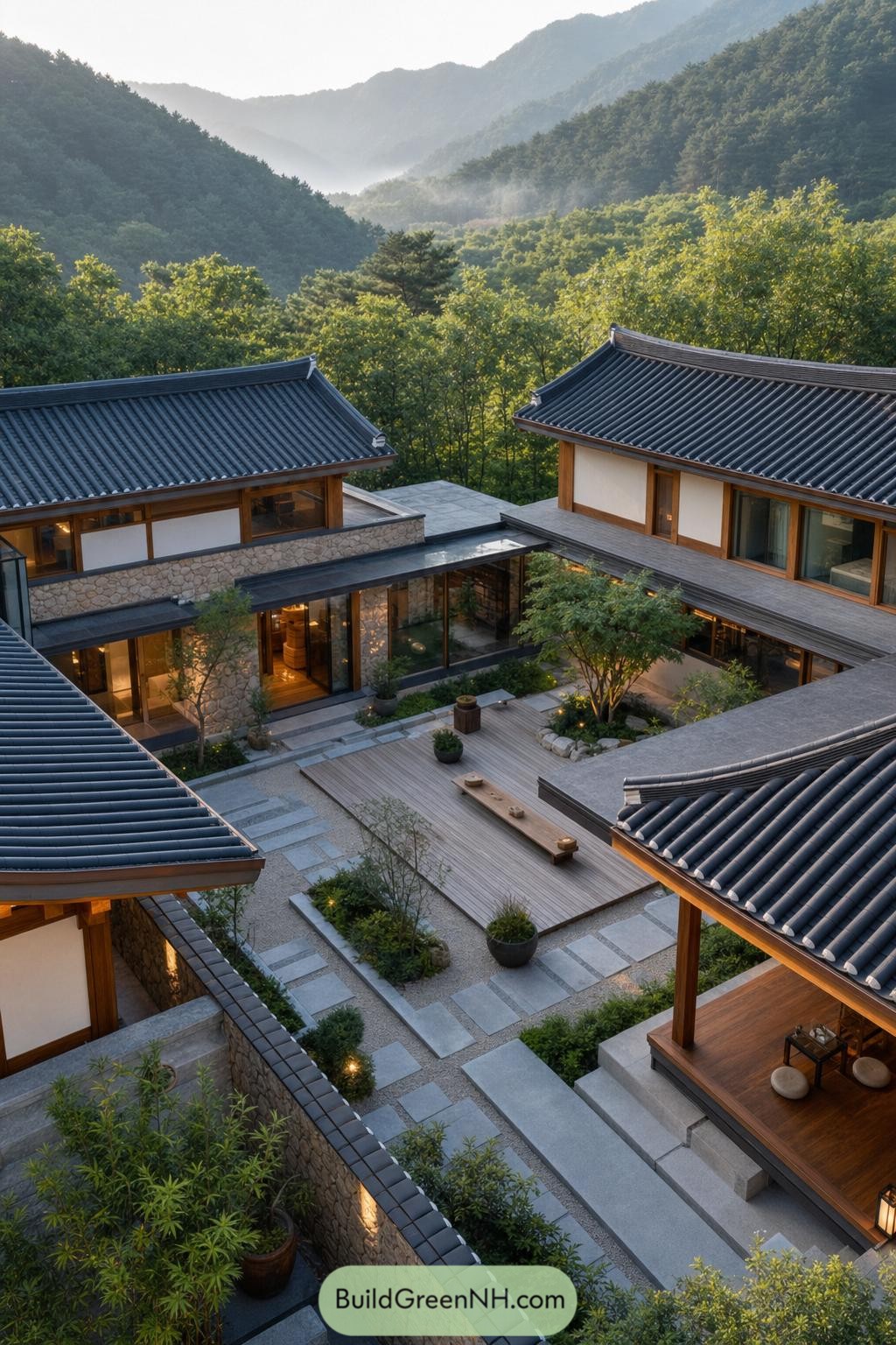 Modern hanok courtyard framed by forested mountains