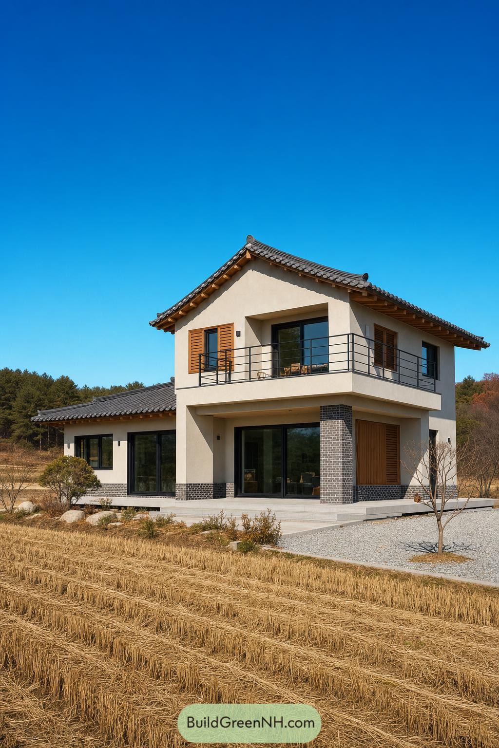 Modern Korean inspired home beside harvested fields