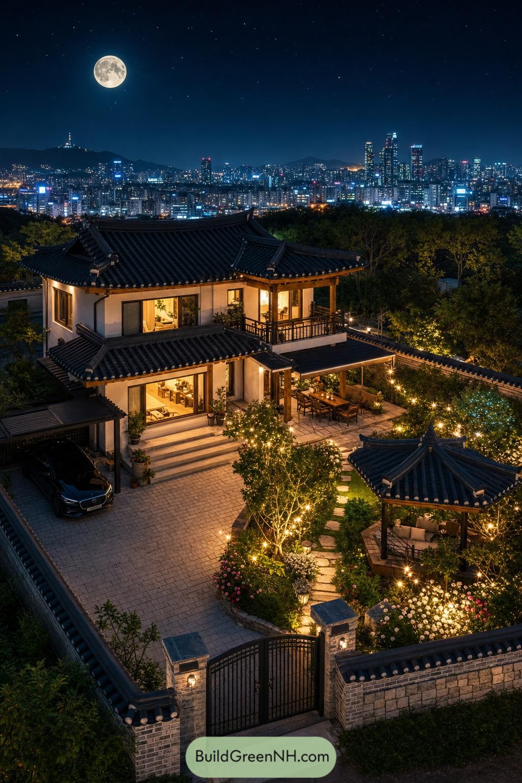 Modern hanok home overlooking Seoul at night