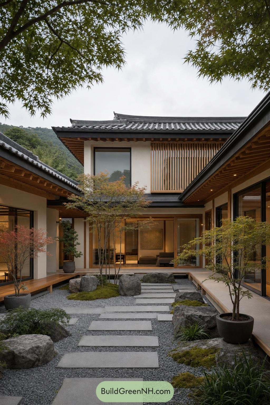 Modern hanok courtyard with stone path and tiled roofs