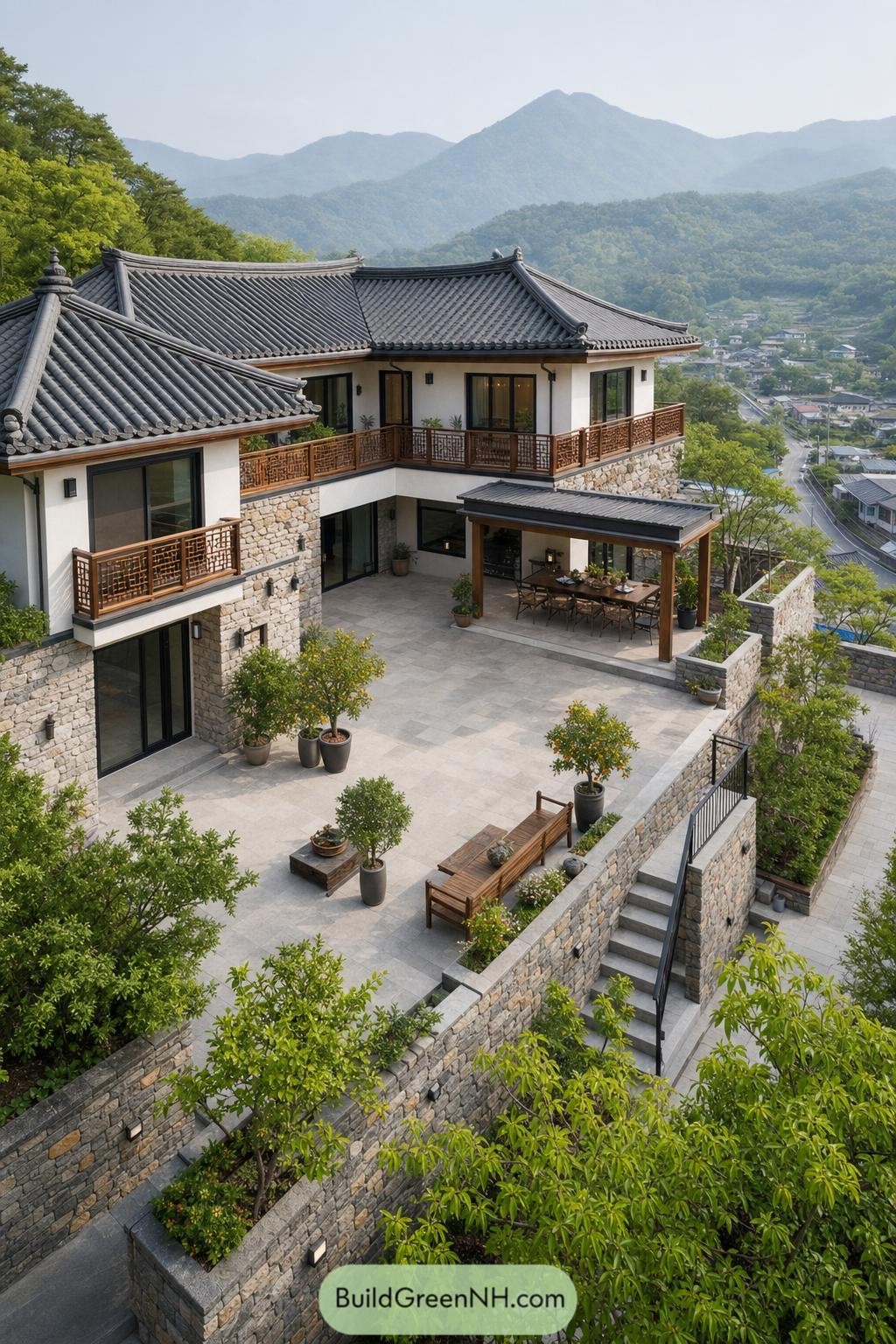 Modern hanok home with stone terraces and mountain views