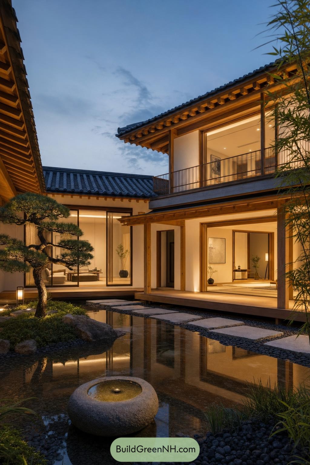 Modern hanok courtyard with reflecting pool at dusk