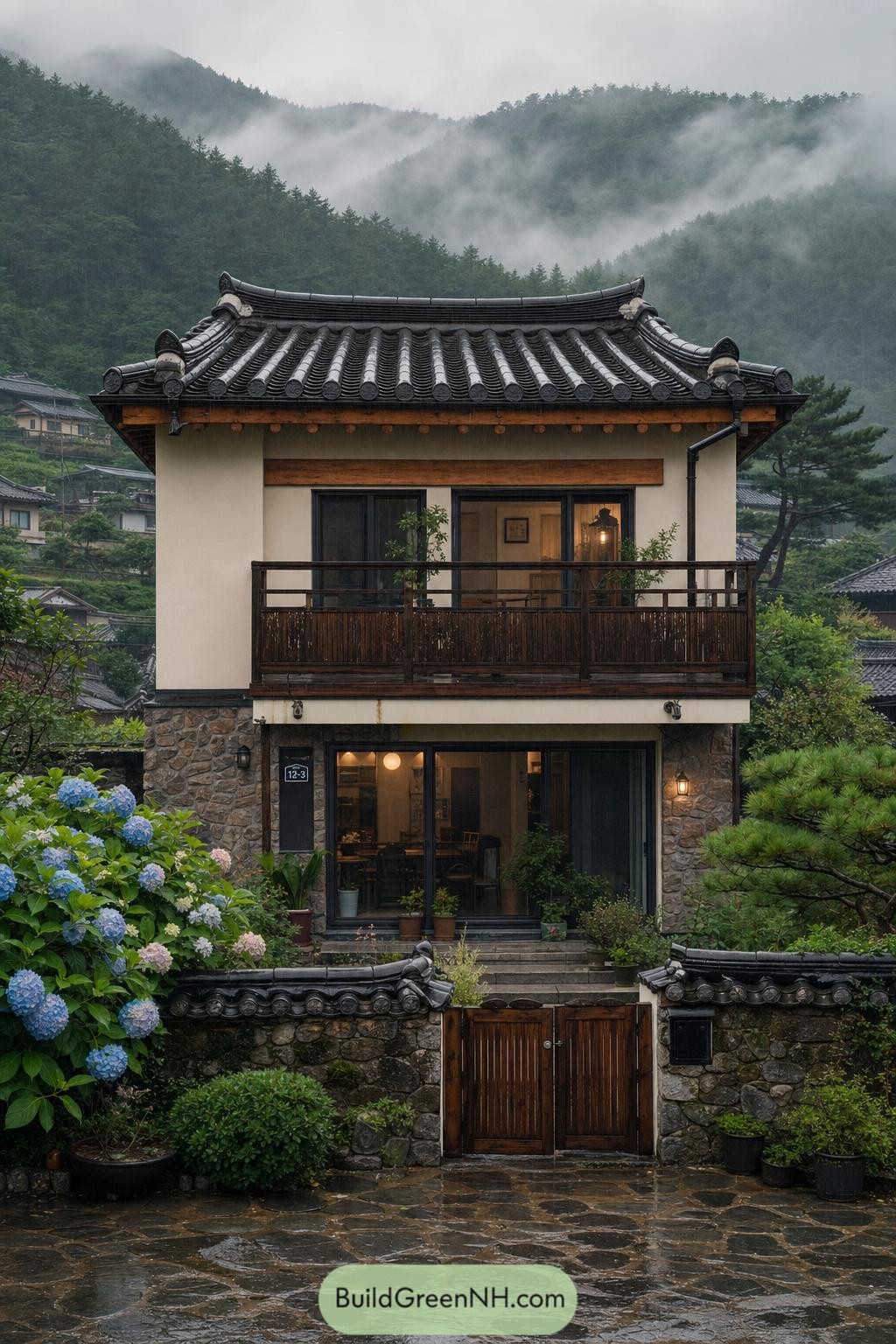 Two-story hanok-inspired house with tiled roof and stone garden wall