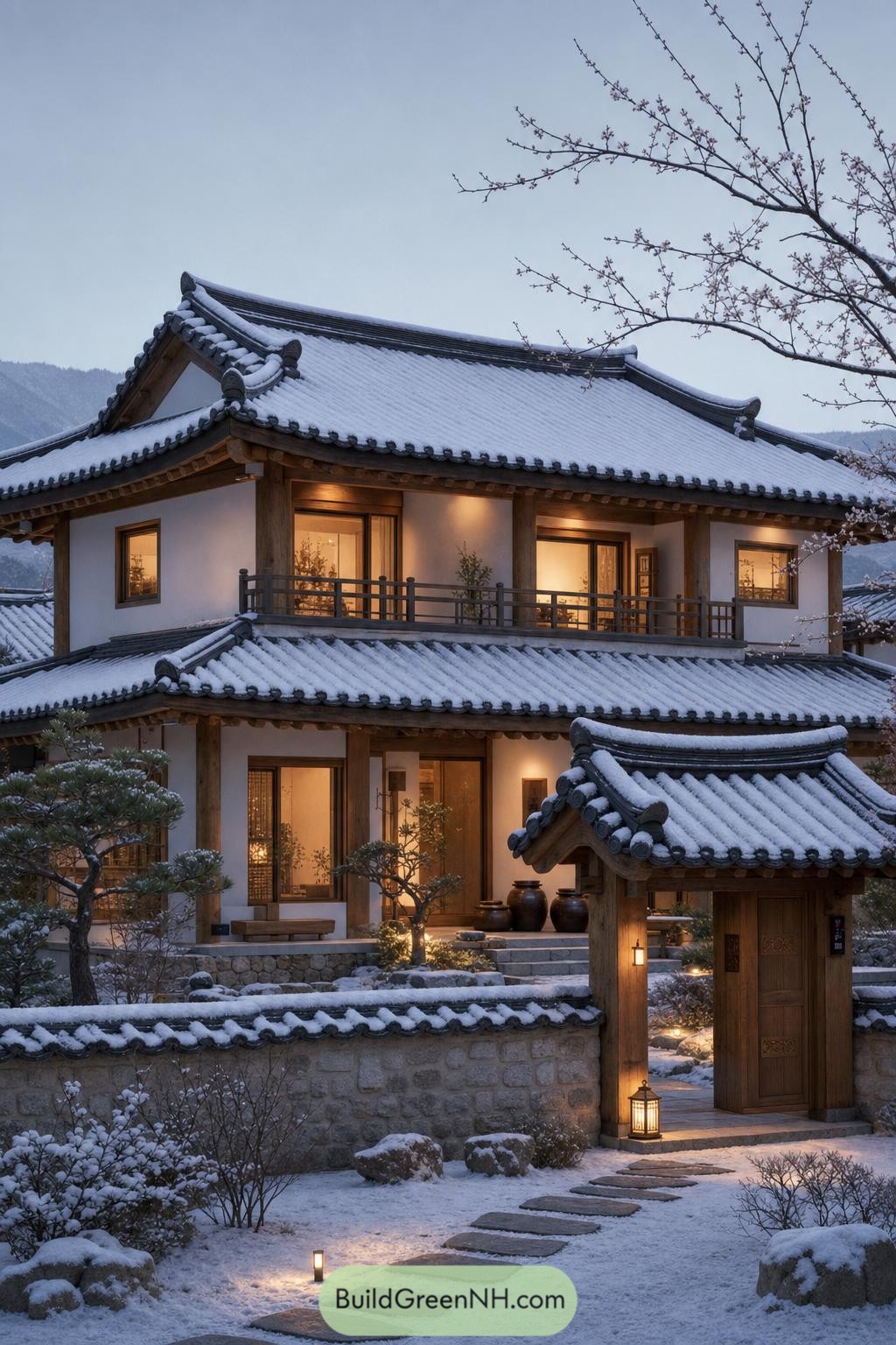 Snow-covered two-story hanok with glowing entry lanterns