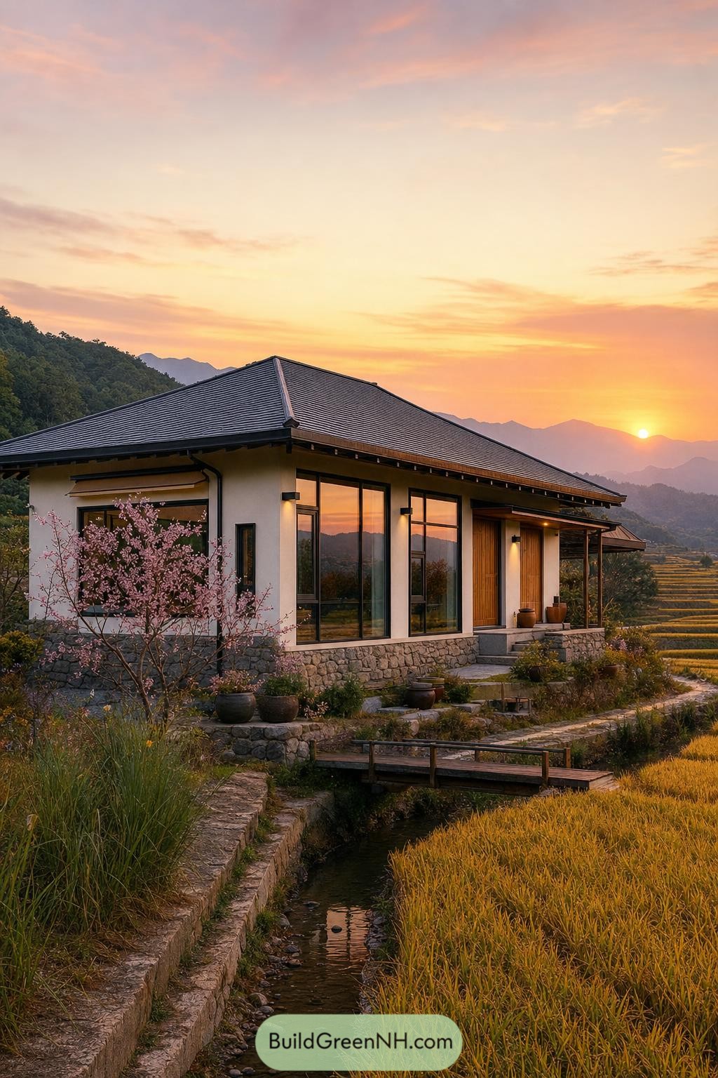 Modern hanok beside rice fields and a creek at sunset
