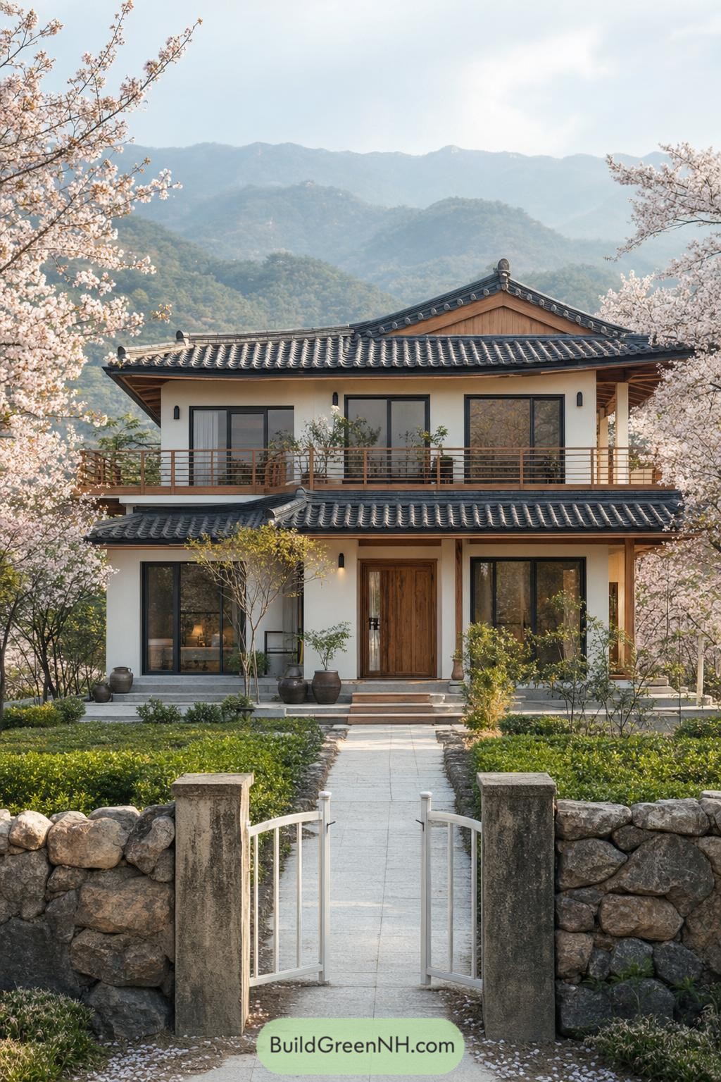 Two-story Korean house with tiled roofs among cherry blossoms and mountains