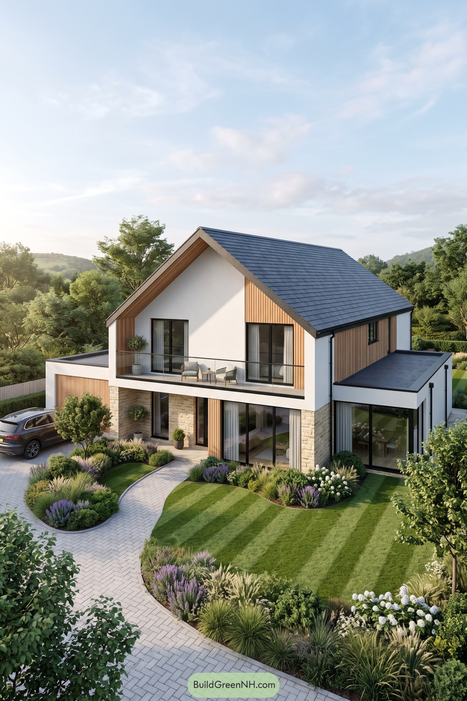 Modern gable home with balcony stone walls and landscaped garden