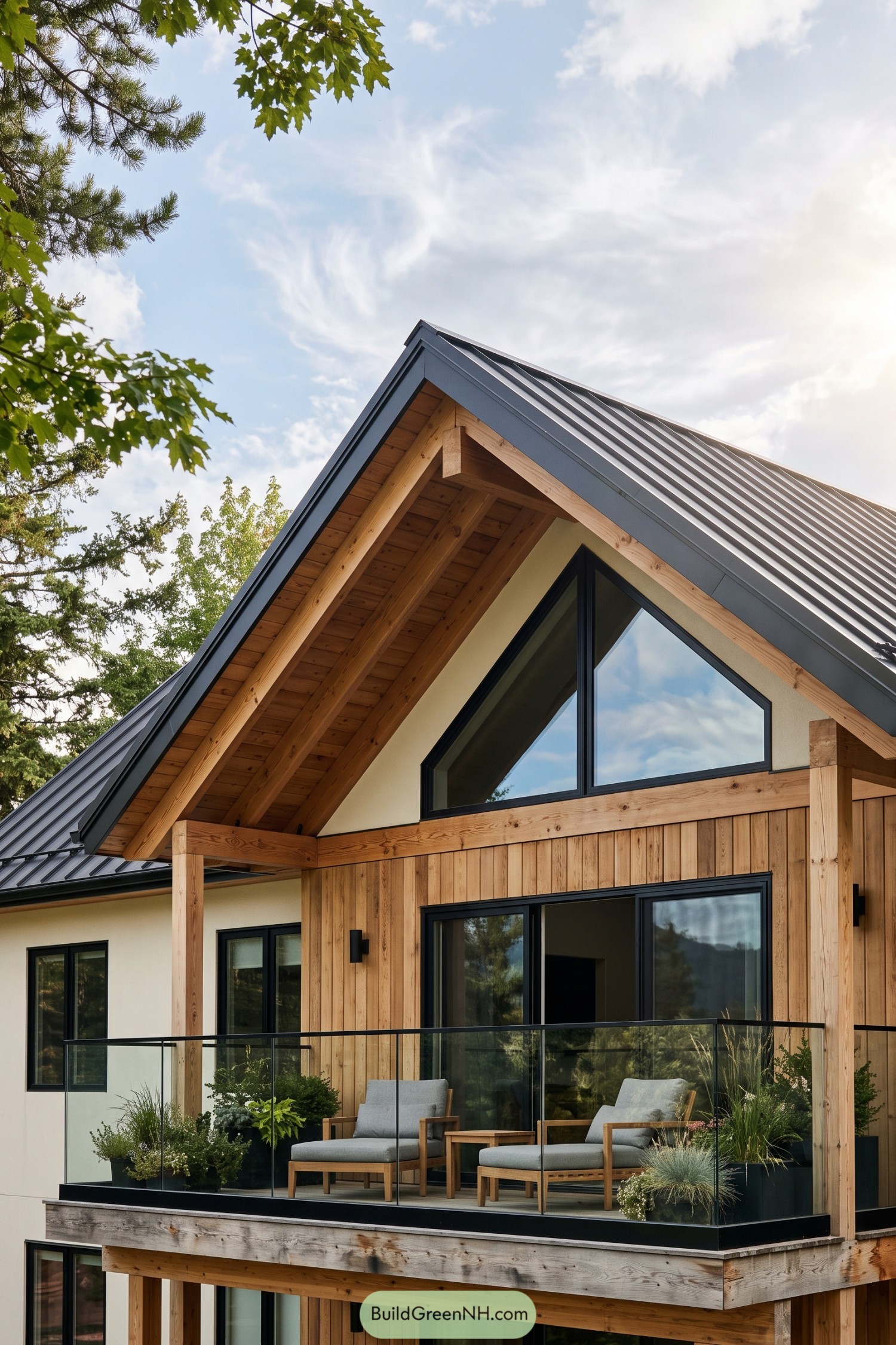 Timber gable home with glass balcony and metal roof