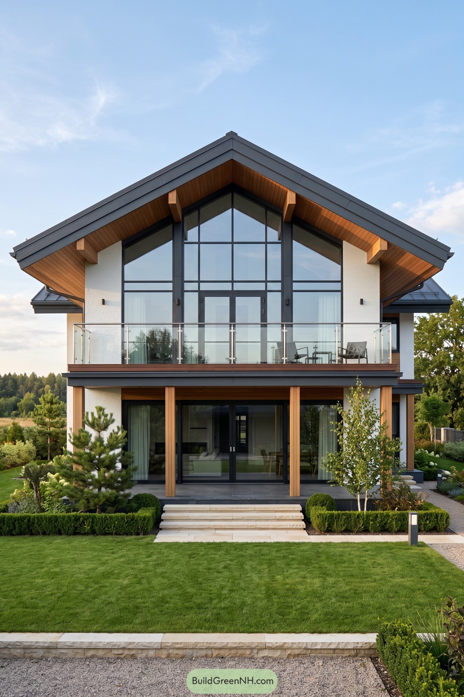 Modern gable home with tall glazing and glass balcony