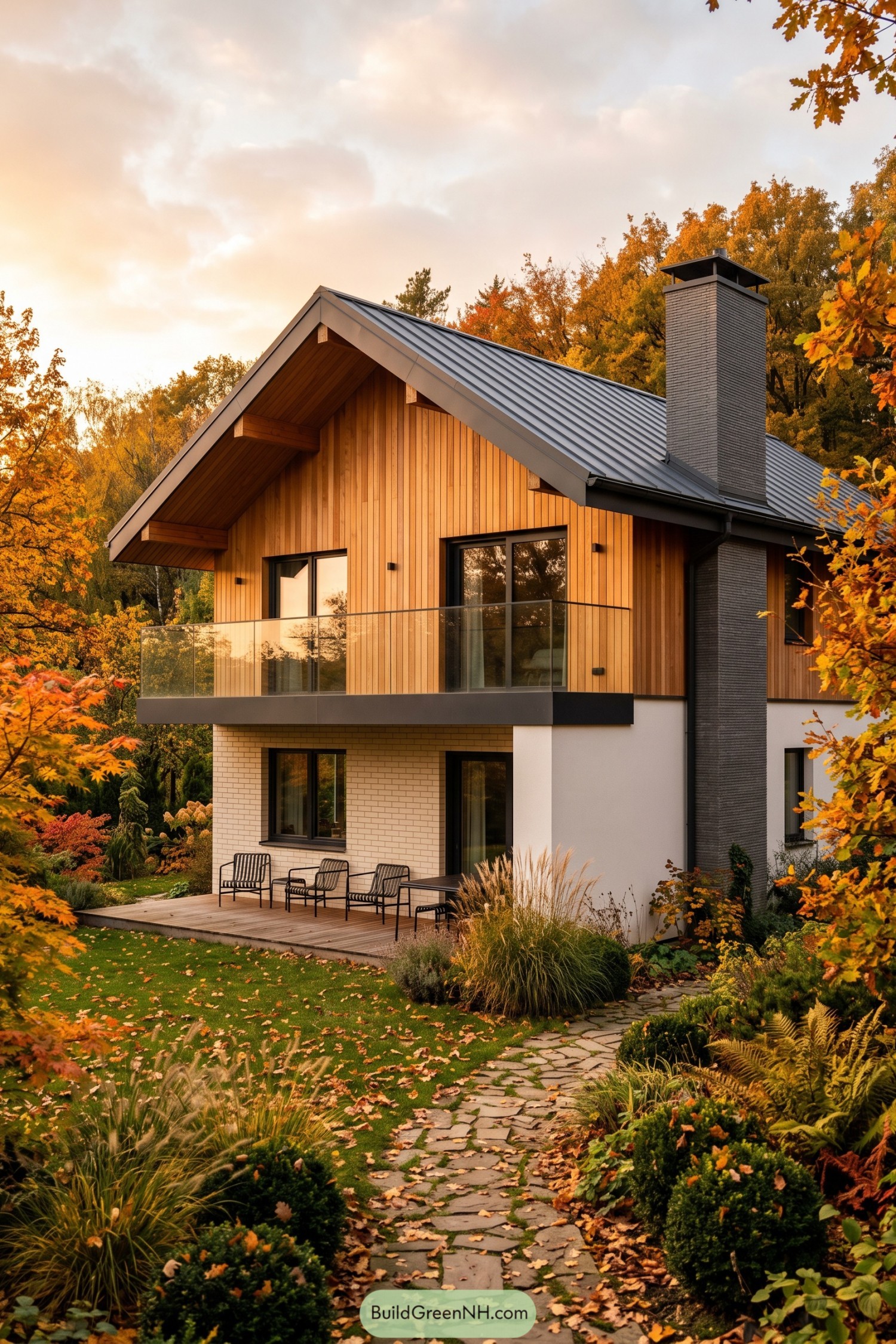 Wood-clad gable home with glass balcony and tall chimney