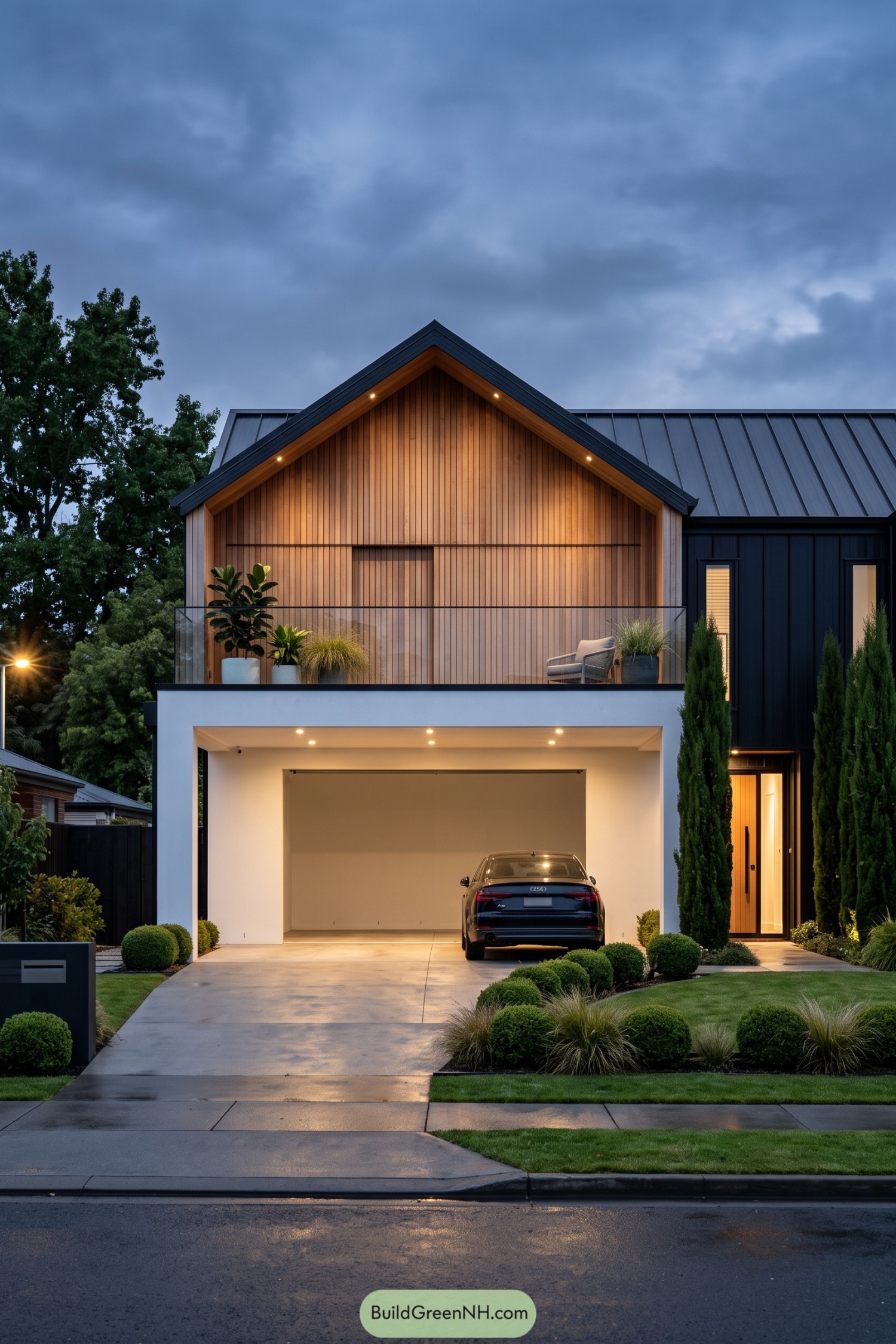 Modern gable home with timber cladding glass balcony and open garage