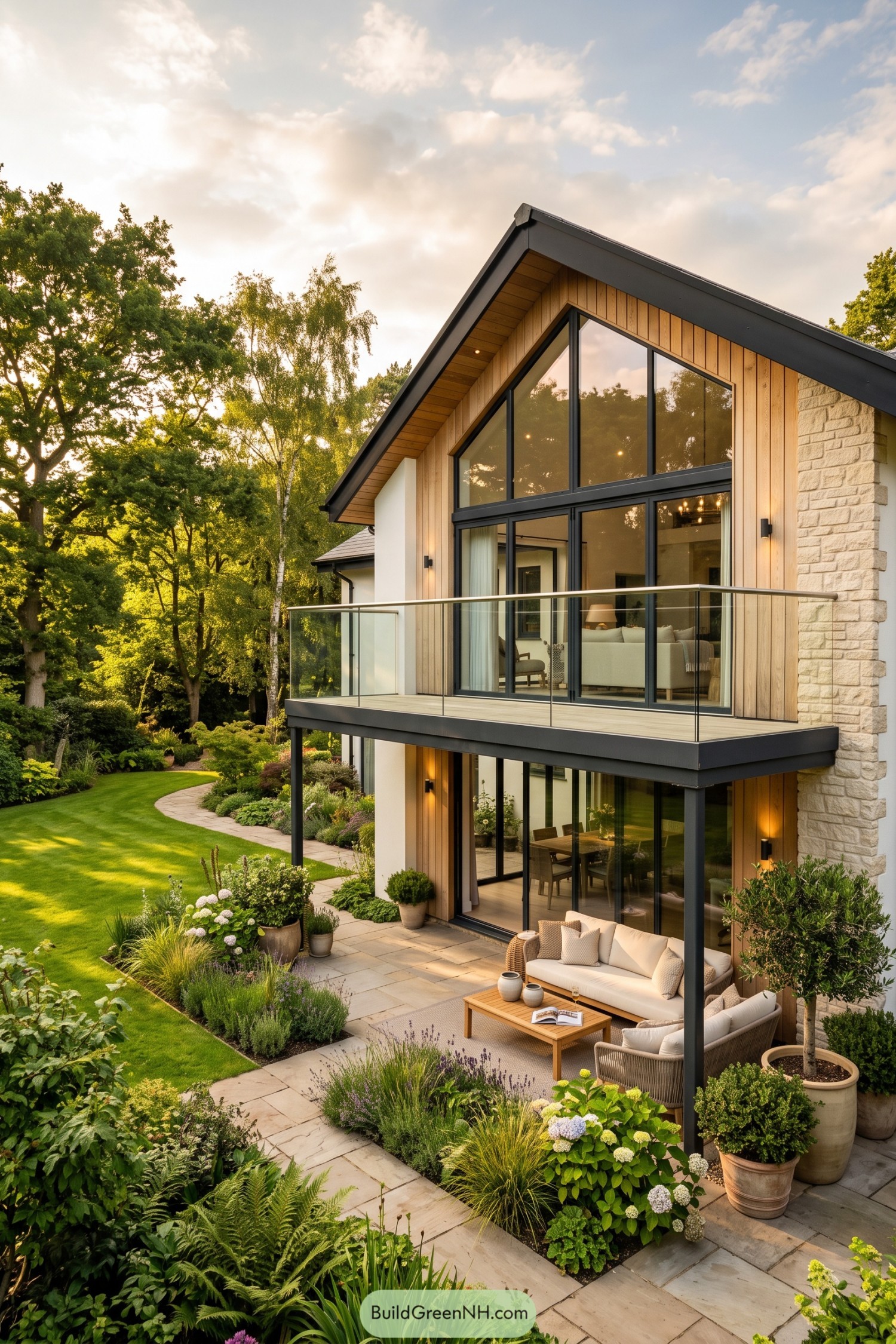 Modern gable home with glass balcony and covered patio