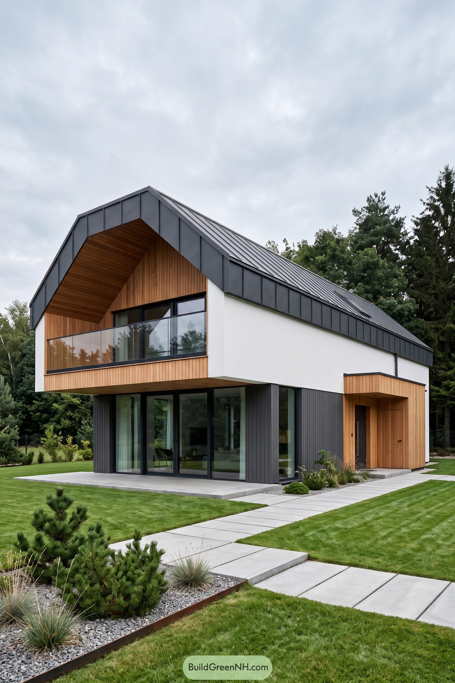 Modern gable home with timber balcony and dark metal roof