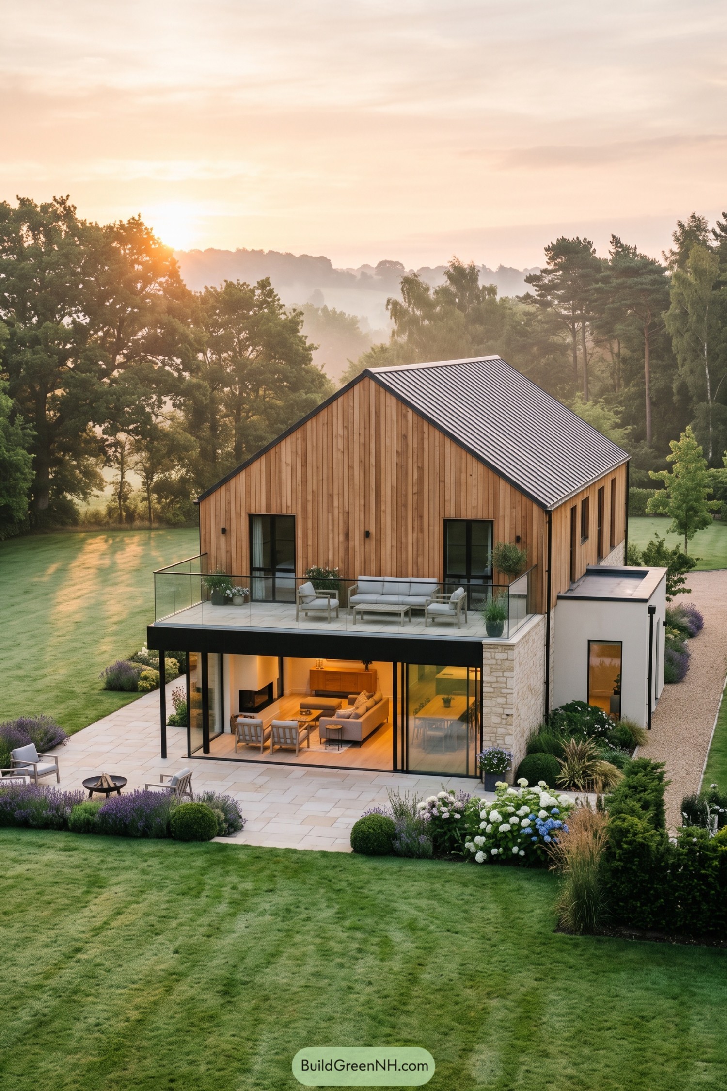 Timber gable home with glass balcony above a garden terrace