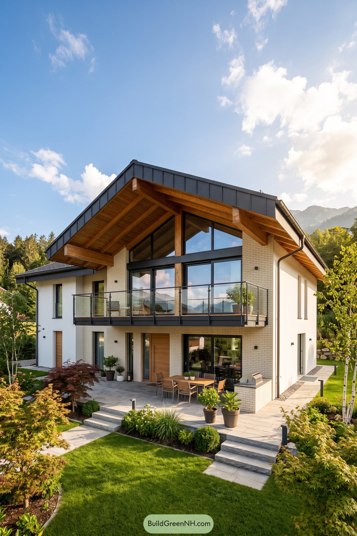 Modern gable home with glass balcony and timber eaves