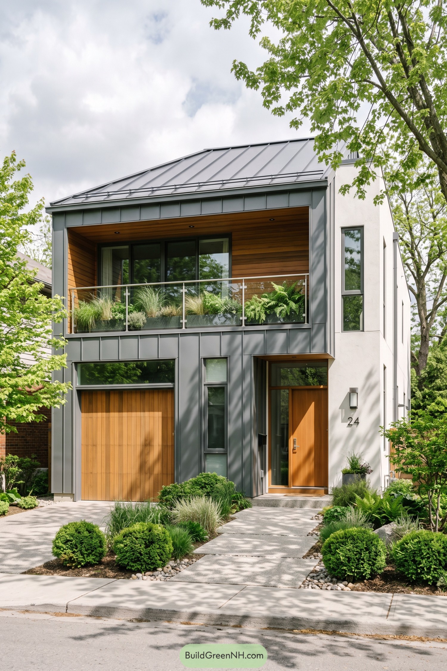 Modern gable house with a planted glass balcony