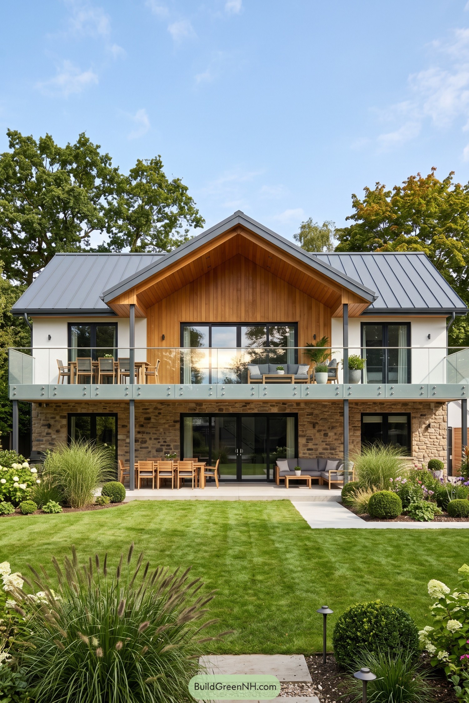 Modern gable home with two-tier glass balcony and stone base