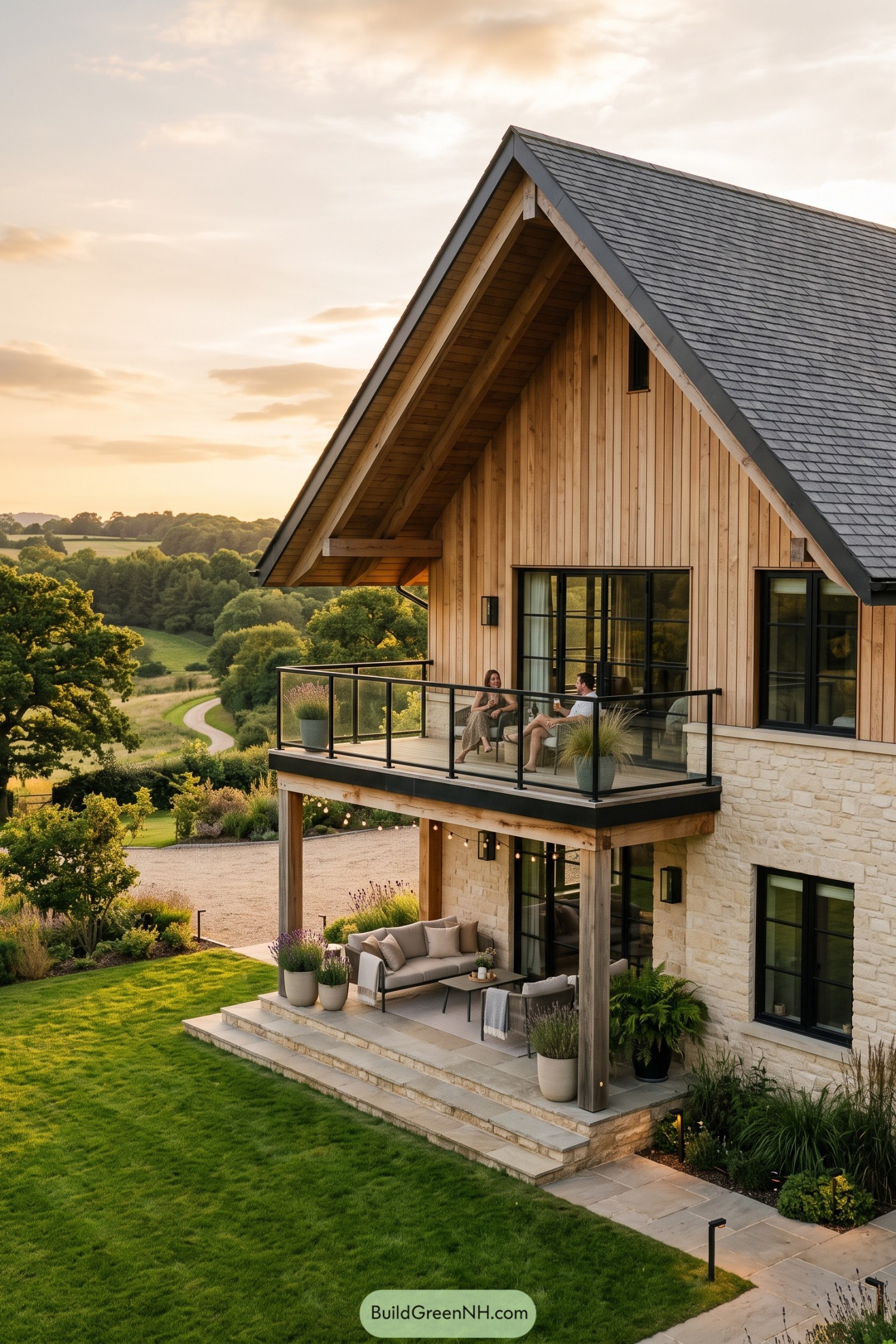 Cedar gable house with glass balcony and stone patio