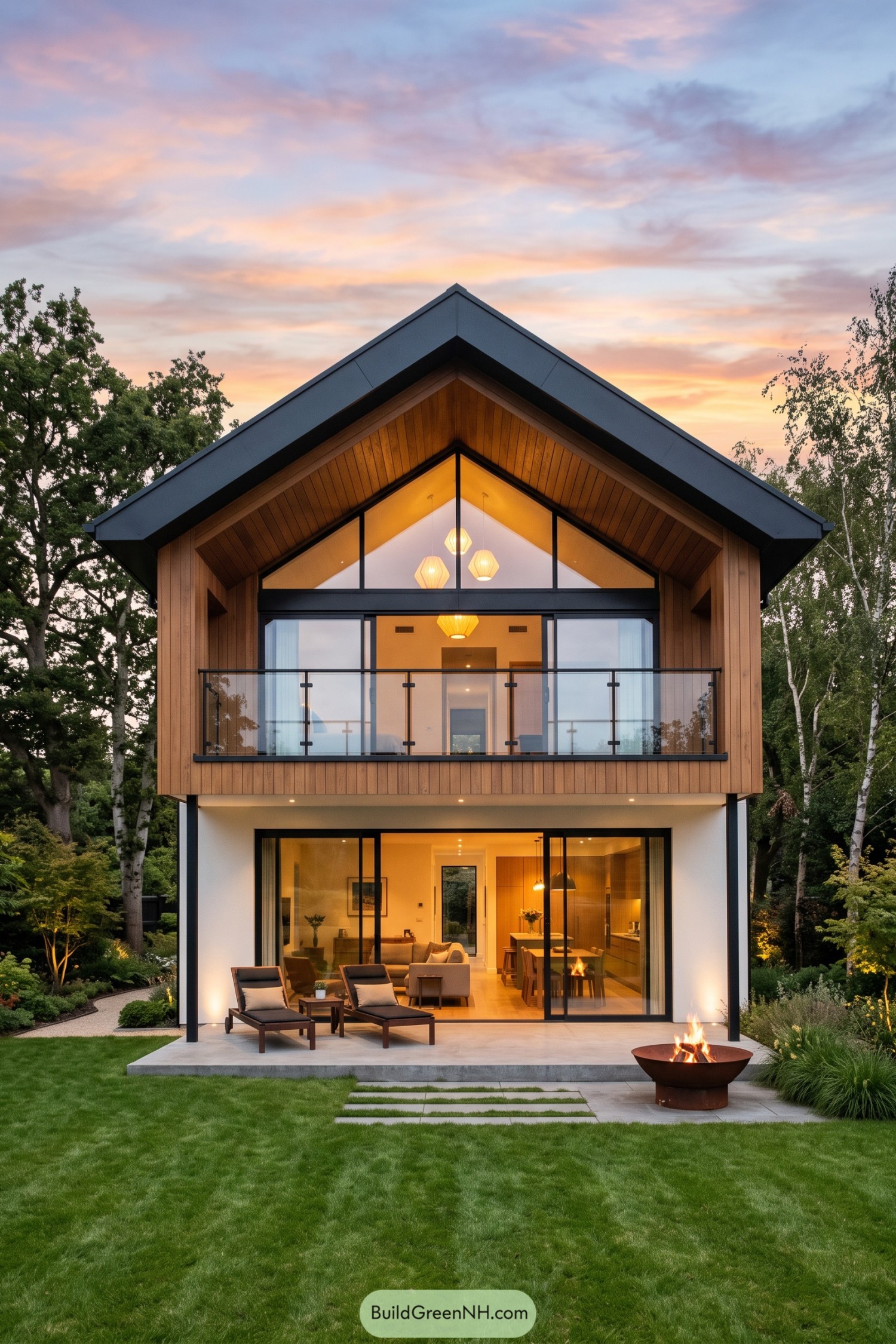 Warm timber gable home with glass balcony and patio