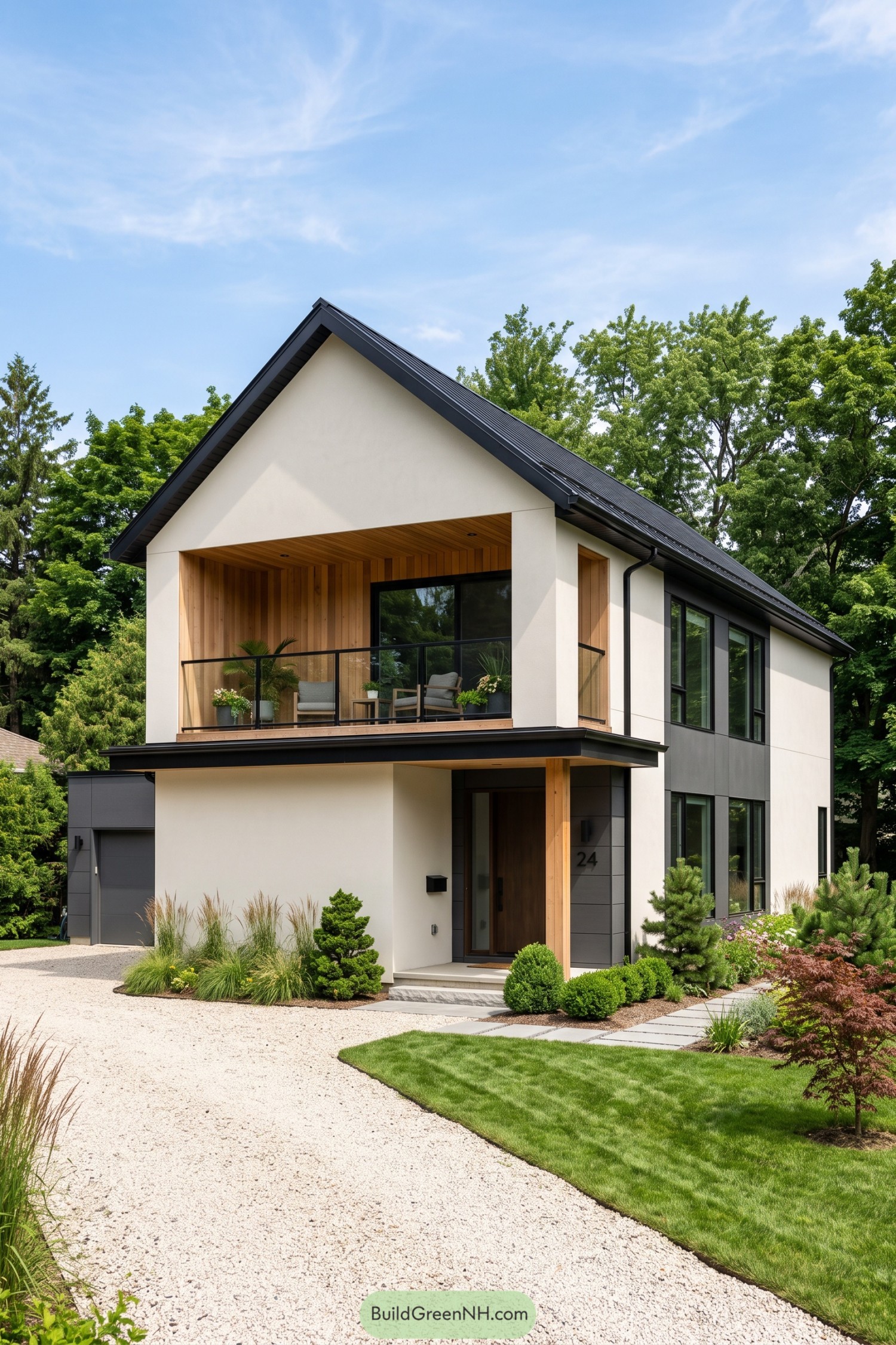 Modern white gable house with recessed balcony and dark roof