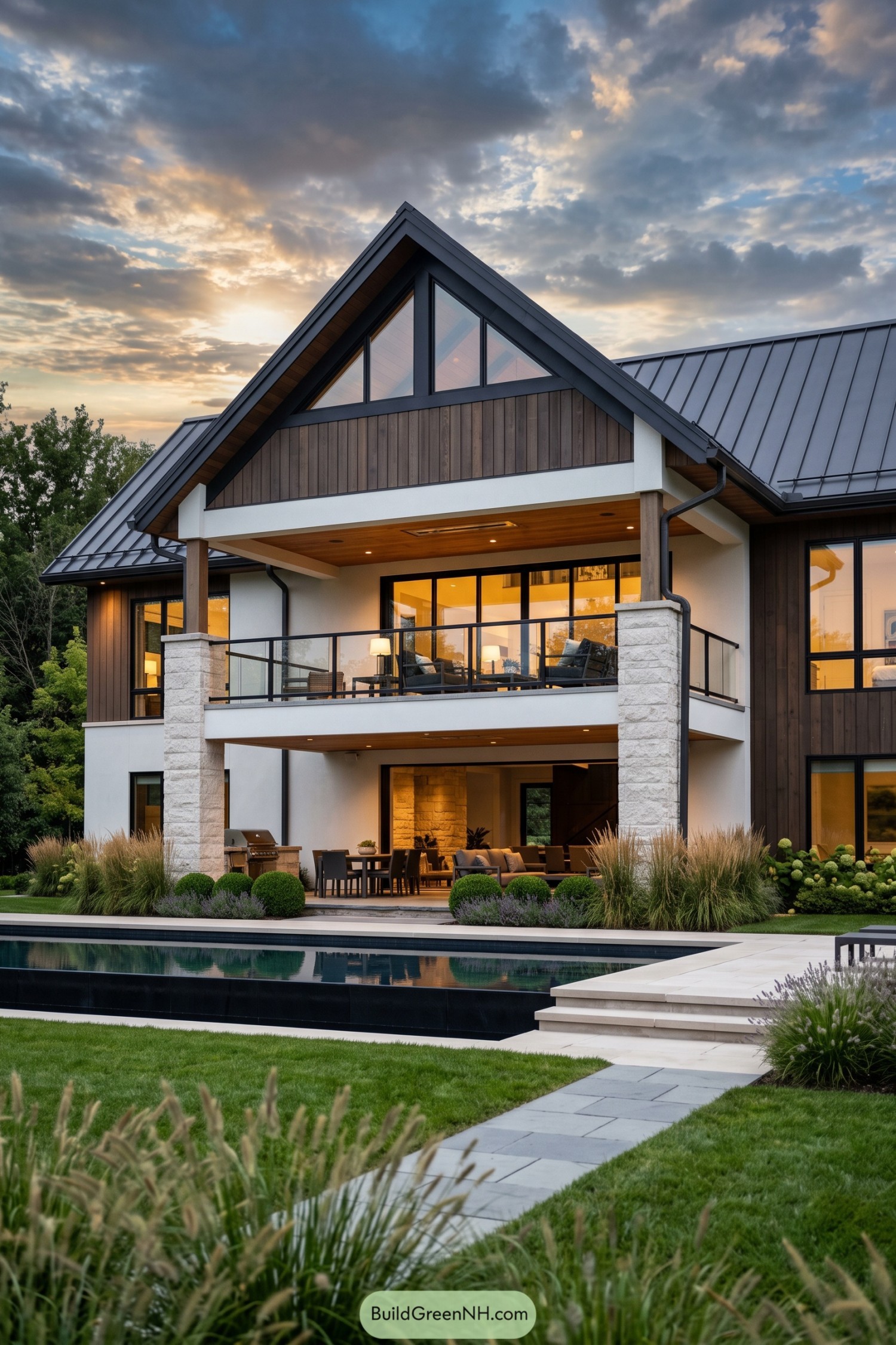 Modern gable house with upper balcony overlooking a pool