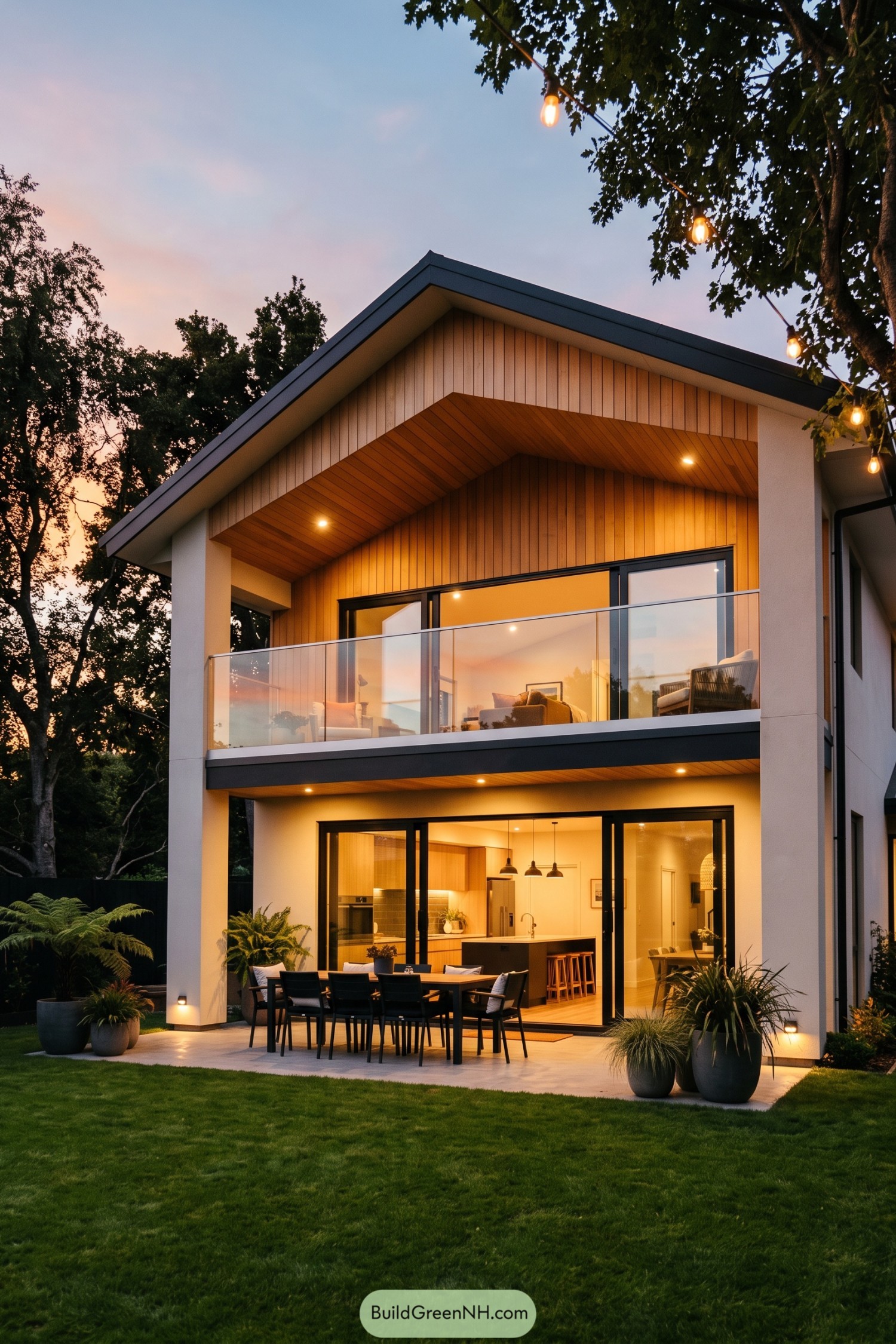 Modern gable home with glass balcony and patio