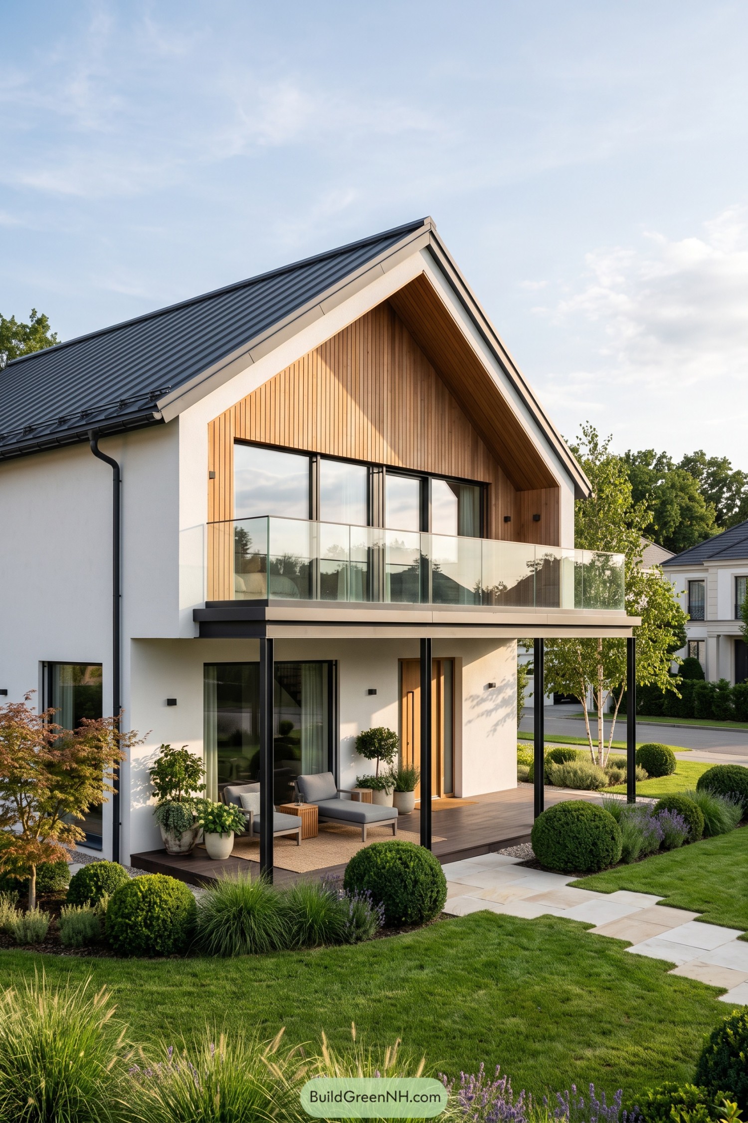 Modern gable house with a glass-railed balcony and covered patio