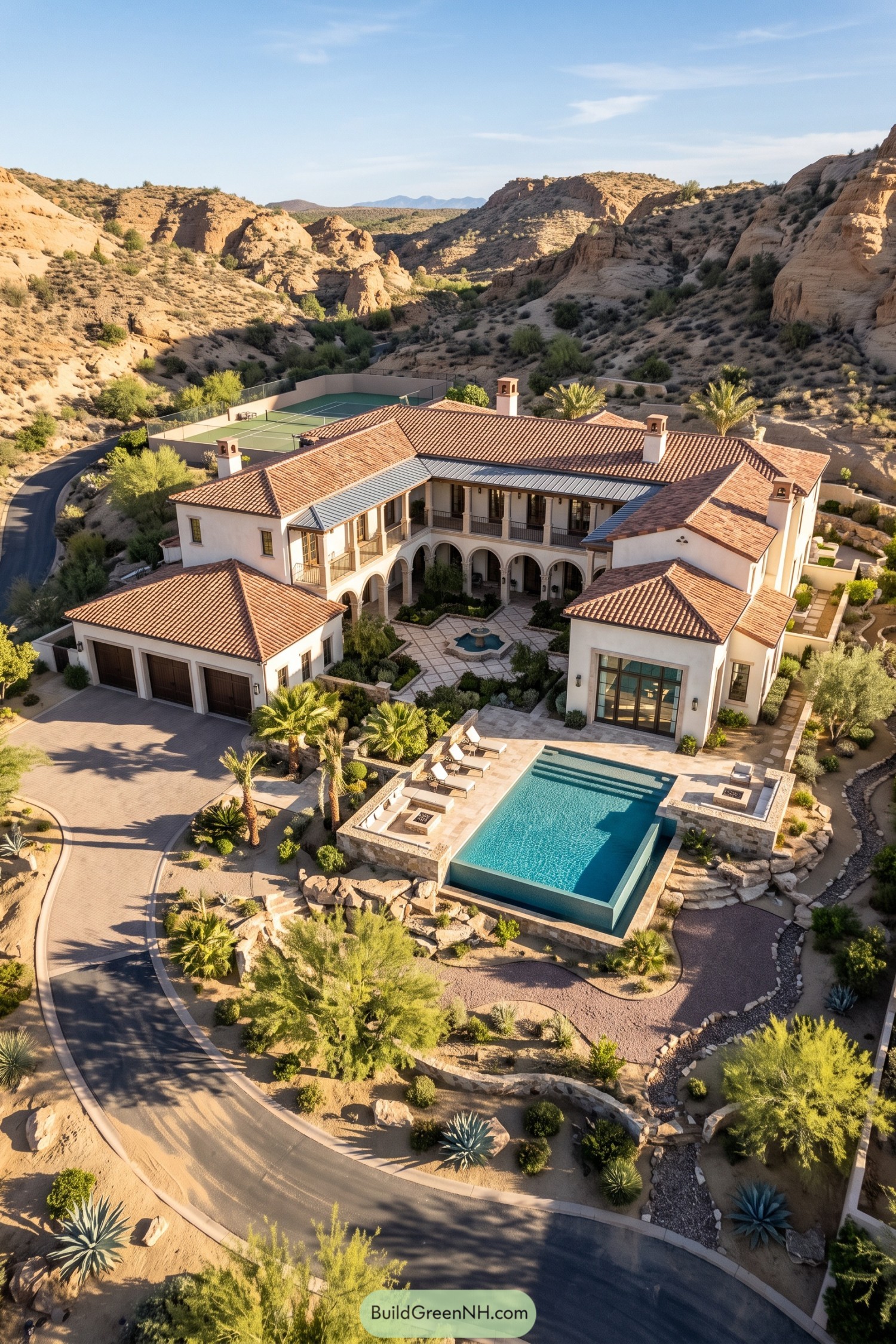 Spanish courtyard mansion with infinity pool and desert canyon backdrop