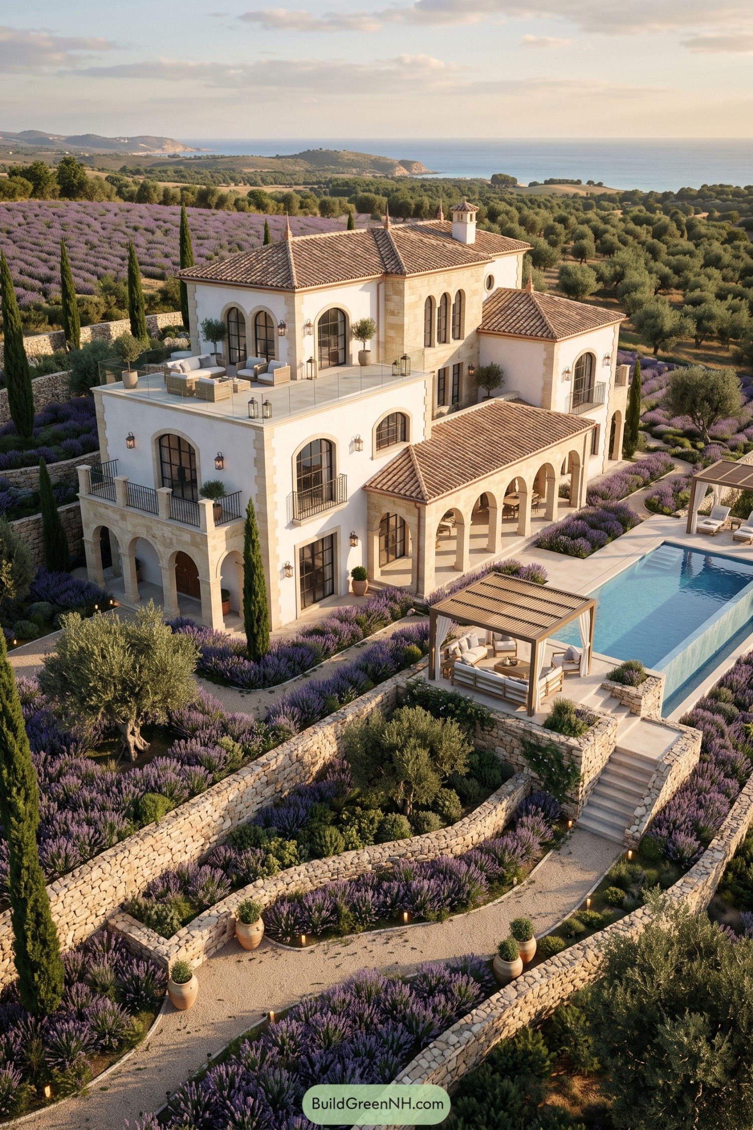 Spanish villa with arched loggias beside a lavender-lined pool