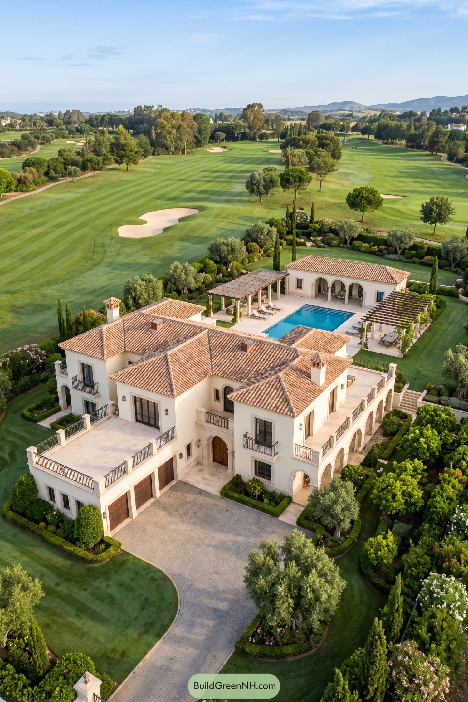 A Spanish-style mansion with a pool beside a golf course