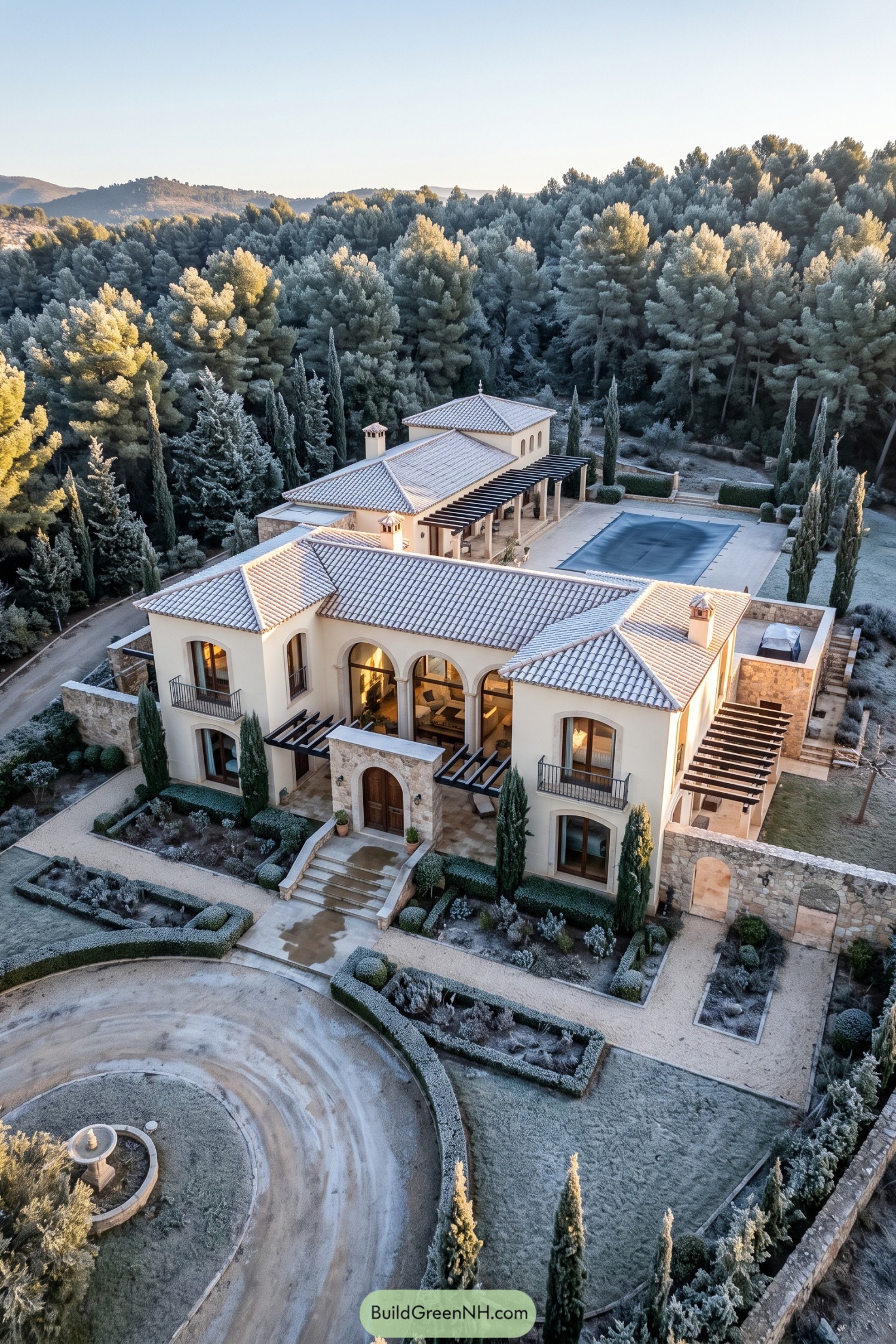 Spanish villa with tiled roofs beside a forest pool