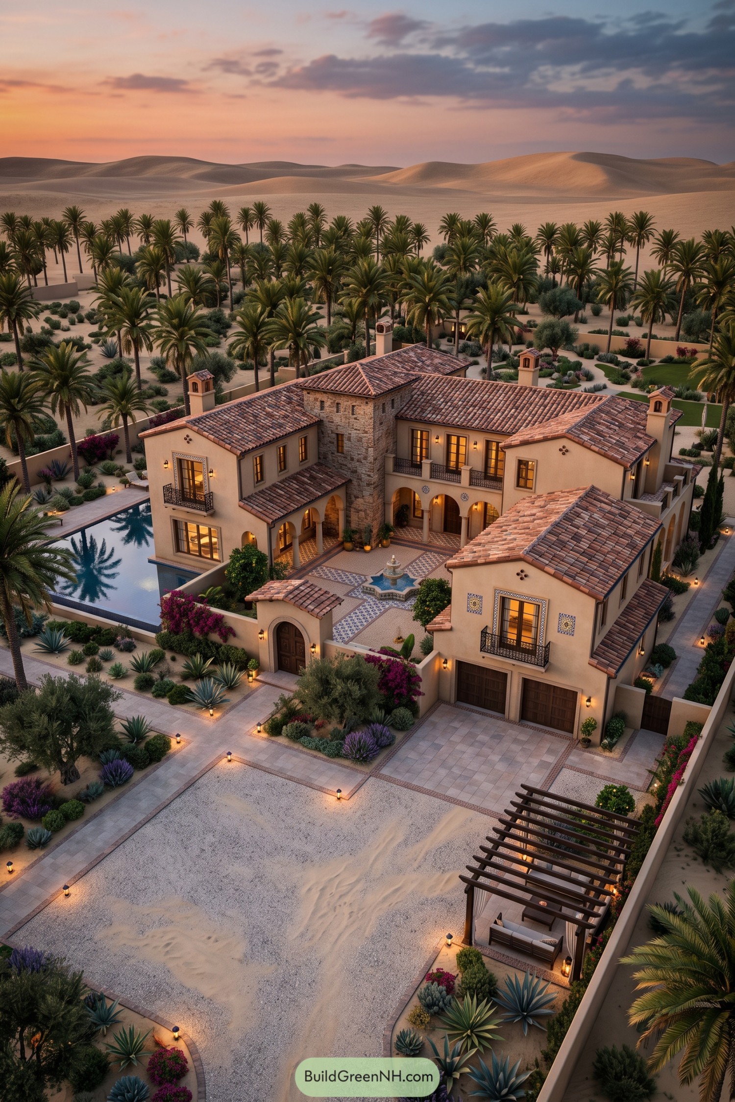 Spanish courtyard villa with tiled roofs beside desert palms