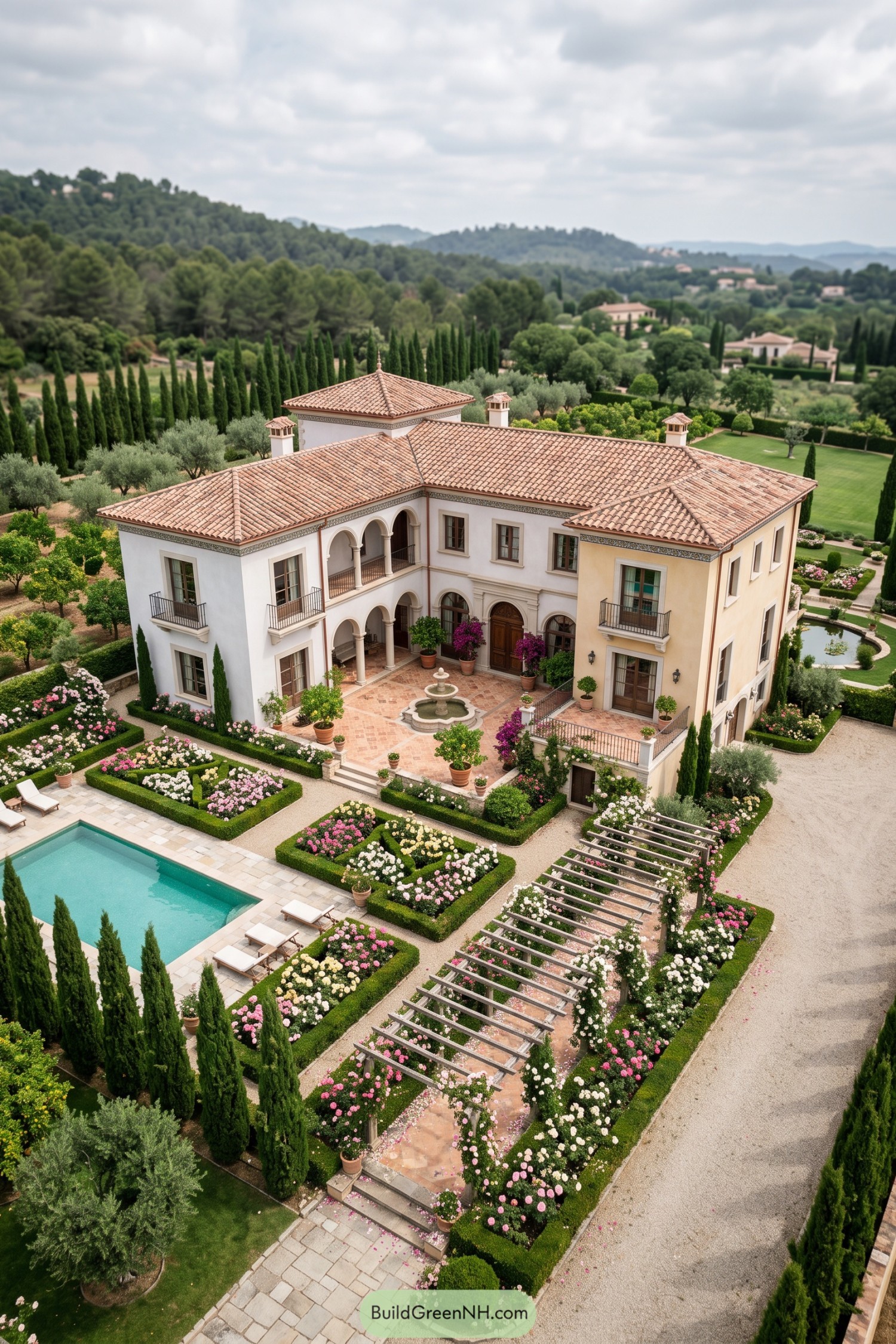 Spanish villa with tiled roofs formal rose gardens and pool