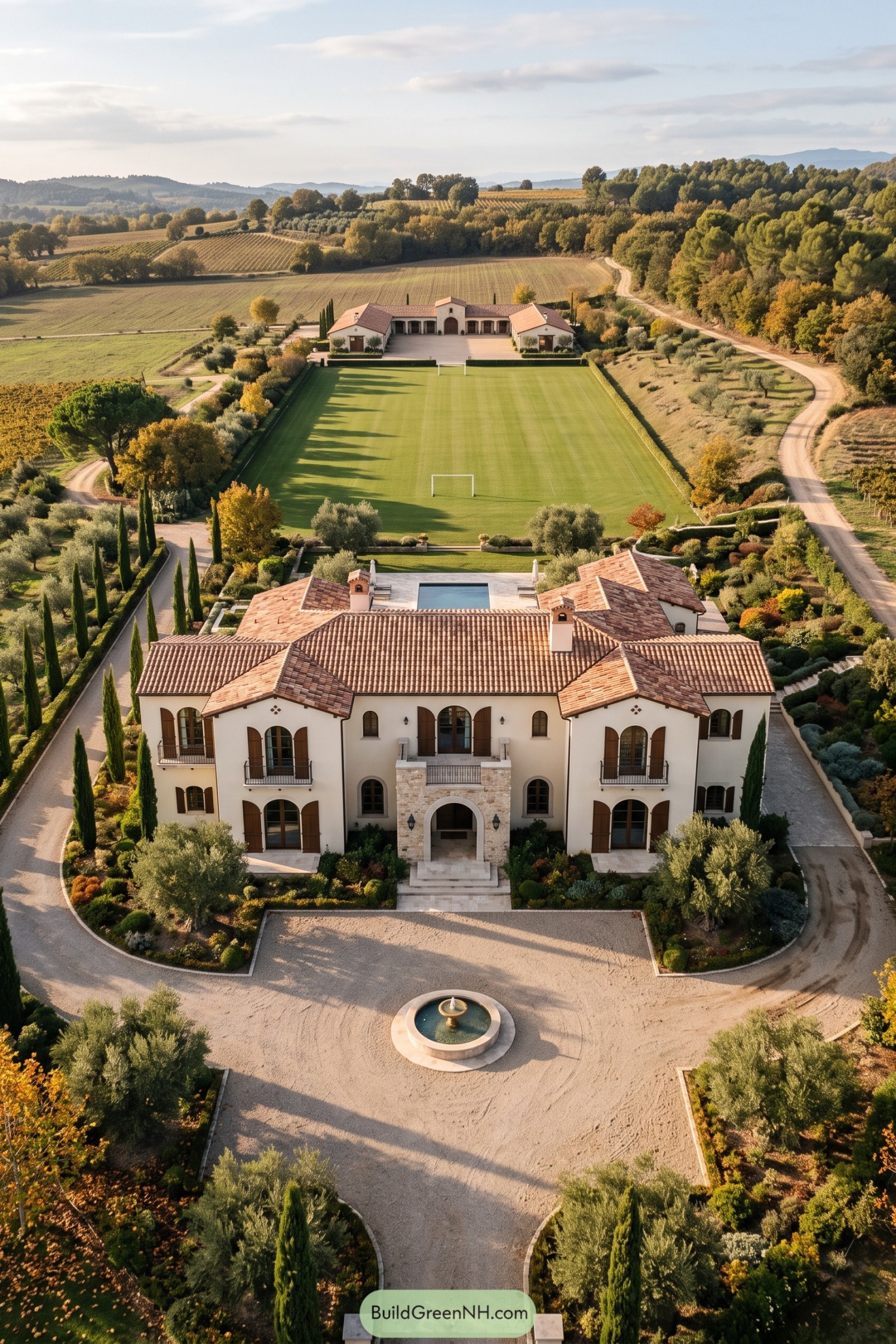 Aerial view of Spanish villa with football field and fountain courtyard