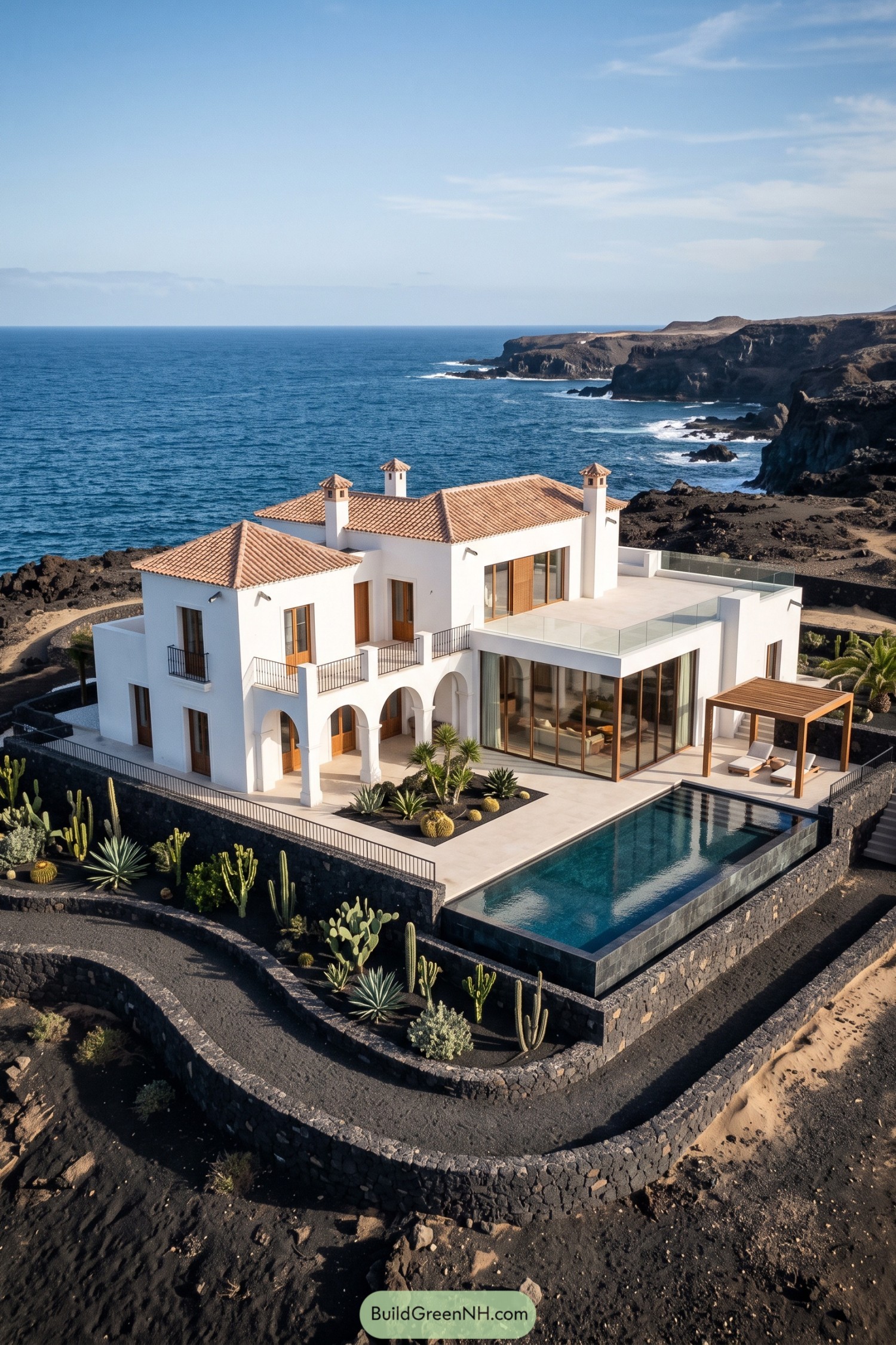 White Spanish villa with terracotta roofs overlooking a volcanic coast and infinity pool