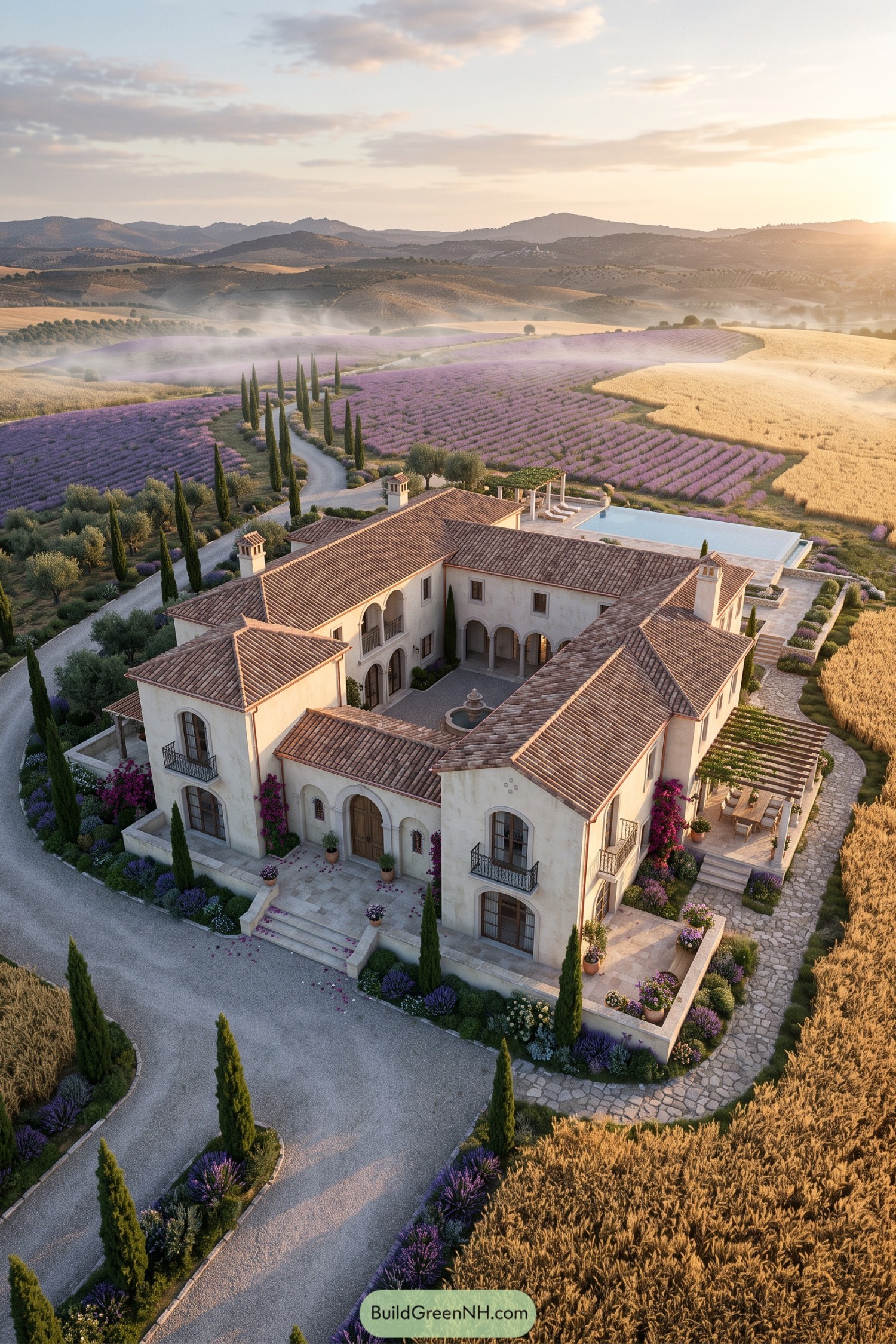 Spanish courtyard manor beside lavender fields and cypress-lined drive
