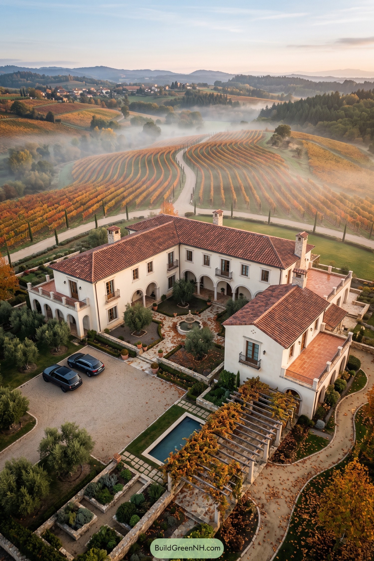Spanish style estate with a tiled roof amid vineyards