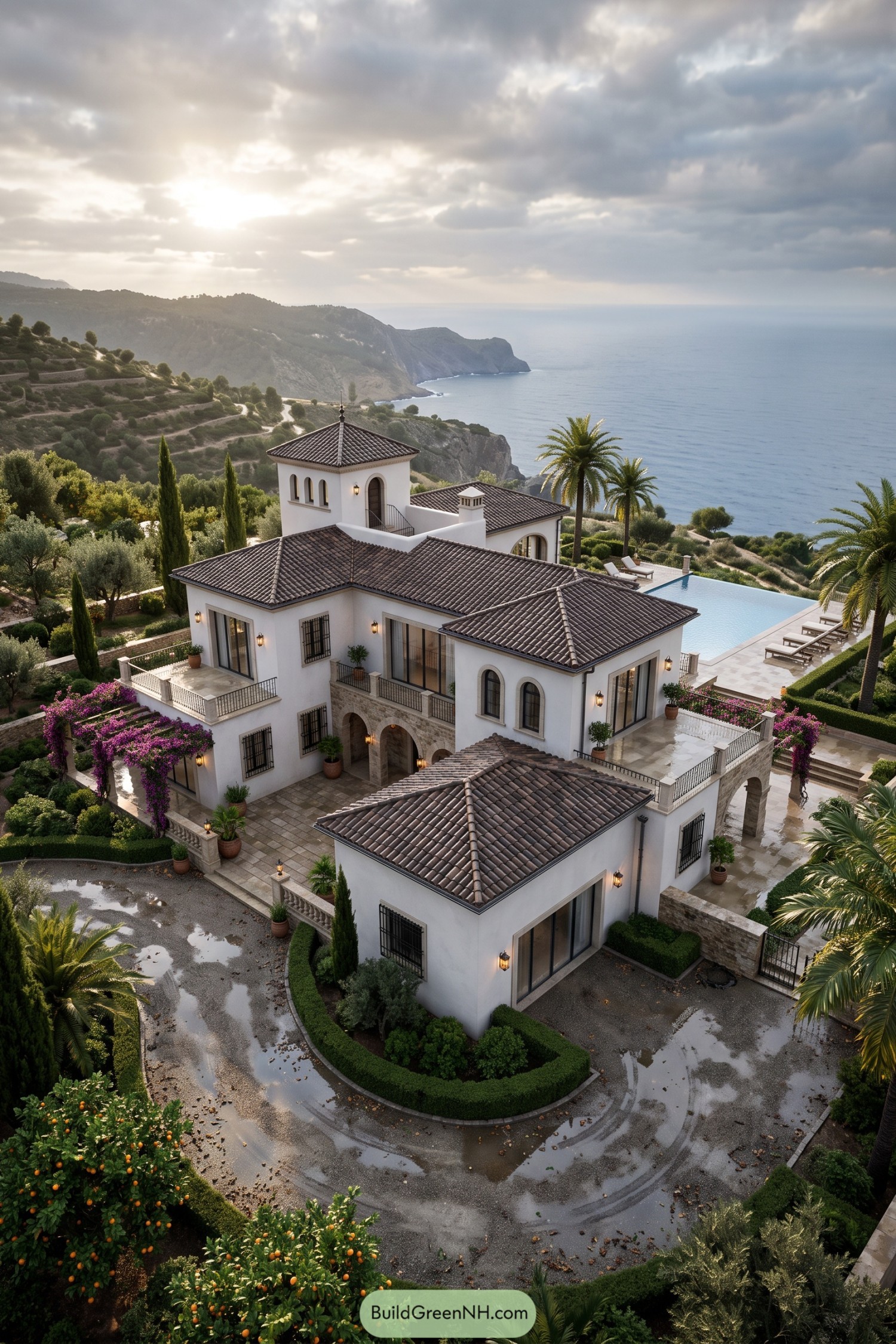 White Spanish villa with tiled roofs overlooking the sea