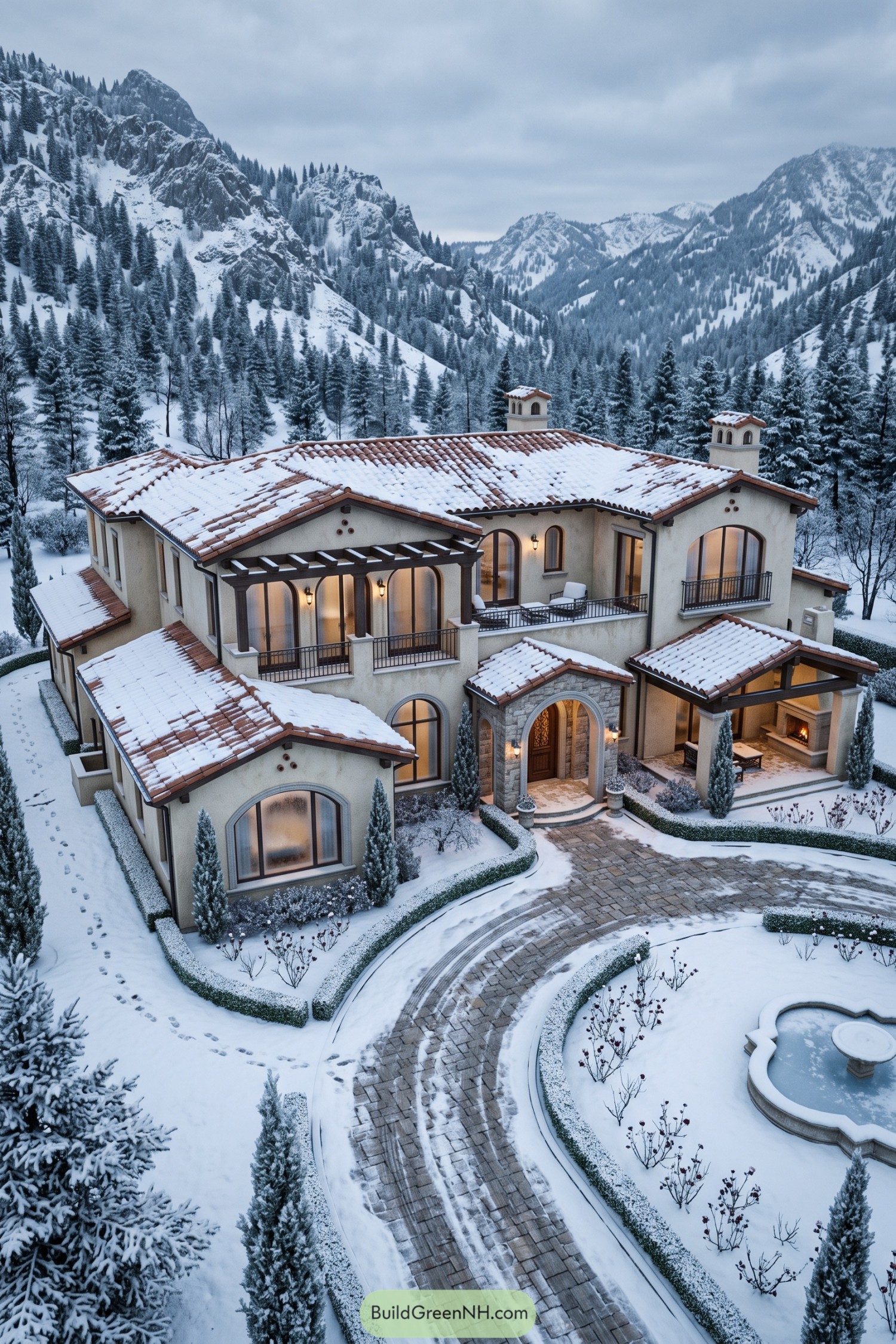 Snow-covered Spanish mansion in a pine mountain valley