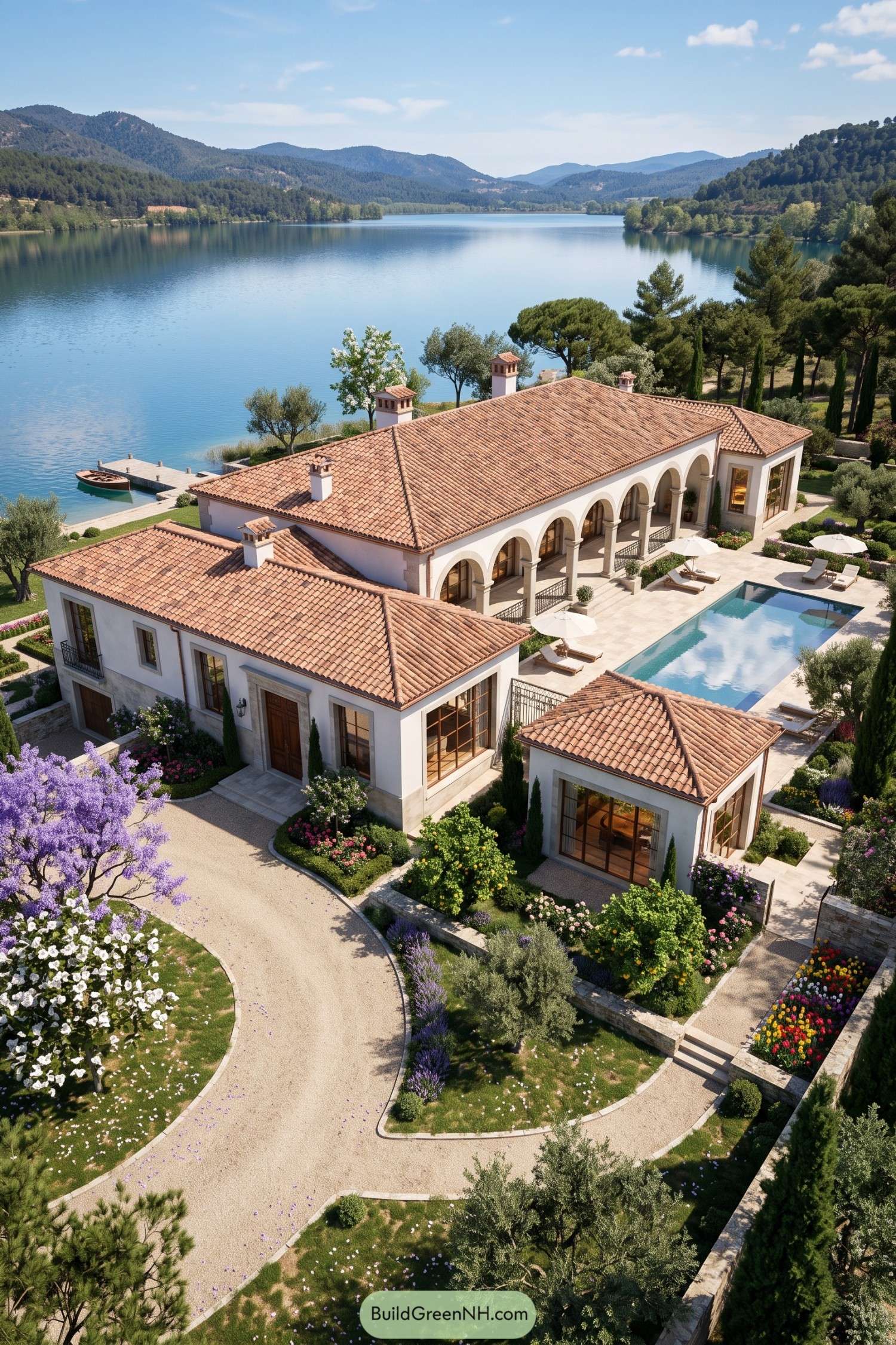Spanish style mansion with tiled roofs beside a mountain lake