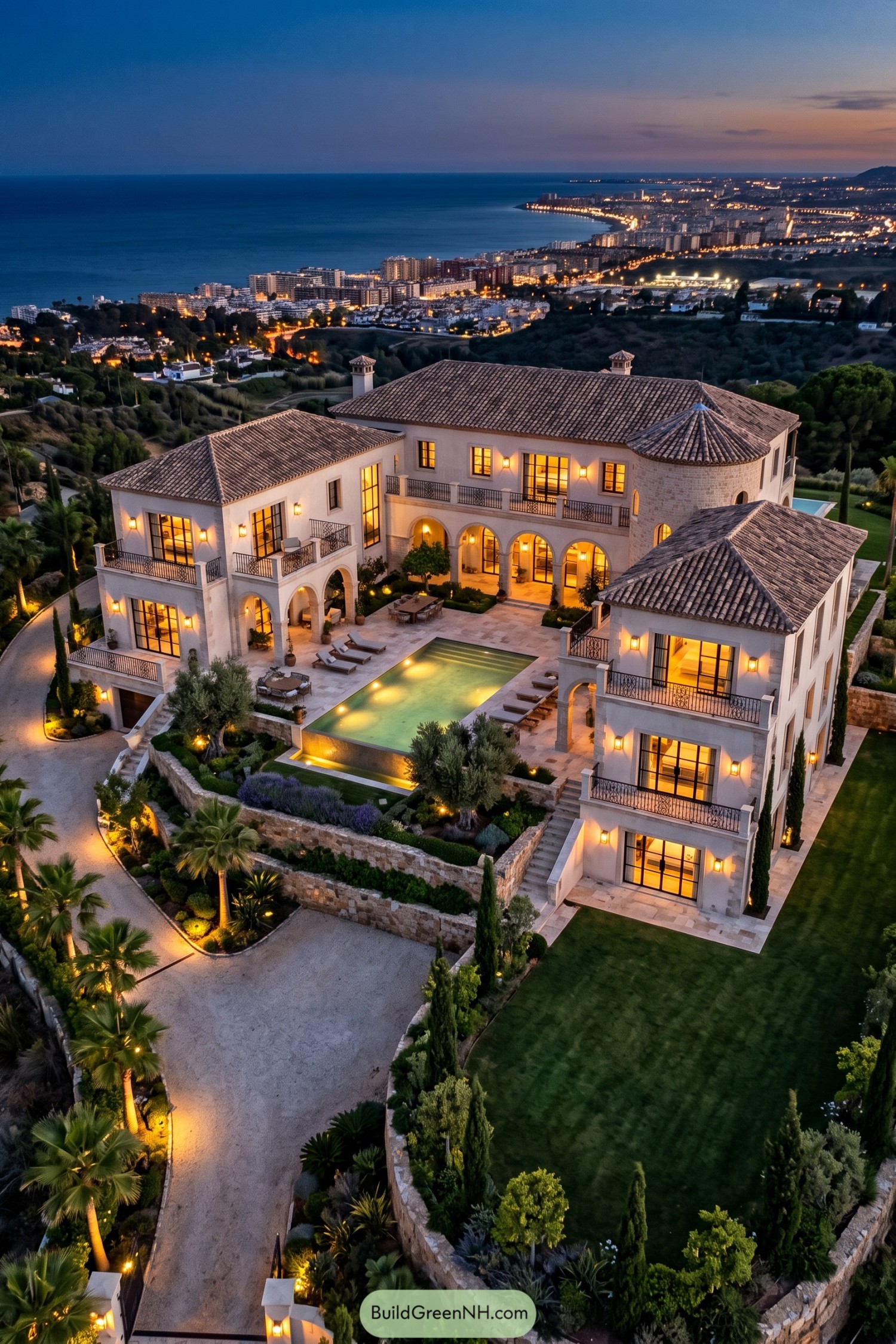 Illuminated Spanish villa with courtyard pool overlooking the coast at dusk